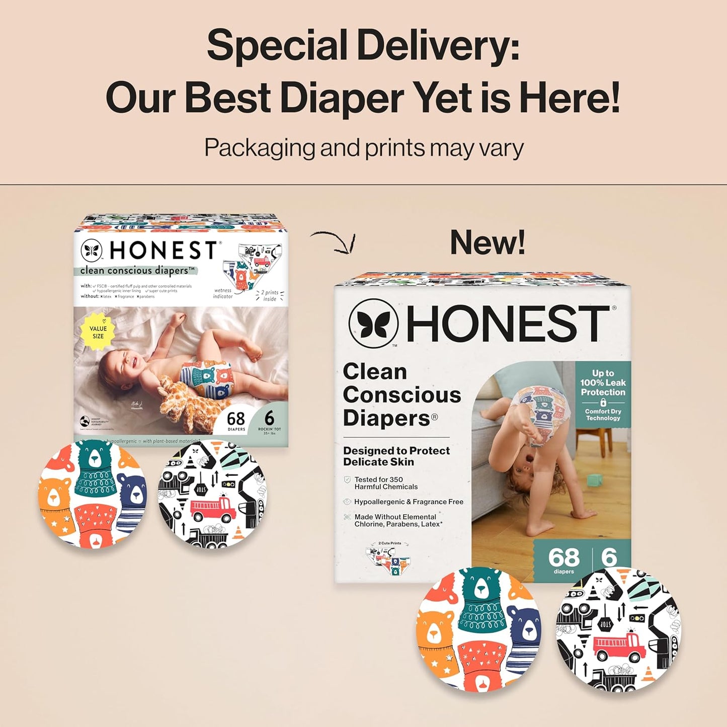 The Honest Company Clean Conscious Diapers for Delicate Skin | Up to 100% Leakproof | Hypoallergenic, Fragrance Free | Gender Neutral | Super Club Box, Size 6 (35+ lbs), 68 Count (Prints May Vary)