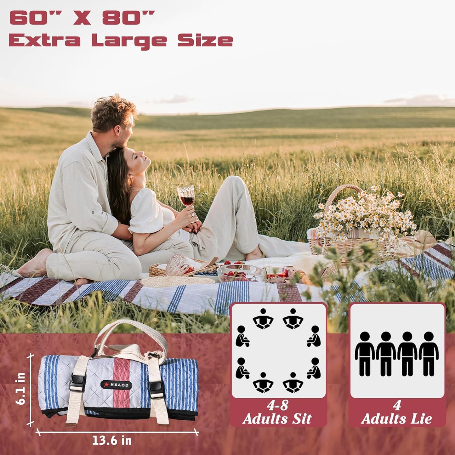 Waterproof Picnic Mat, Outdoor Camping Oversized Field Blanket. Portable Thickened Camping Blanket, Suitable for Beach, Camping, Music Festival, Party, Outdoor Adventure. (Red&Blue&White, 80”x60”)