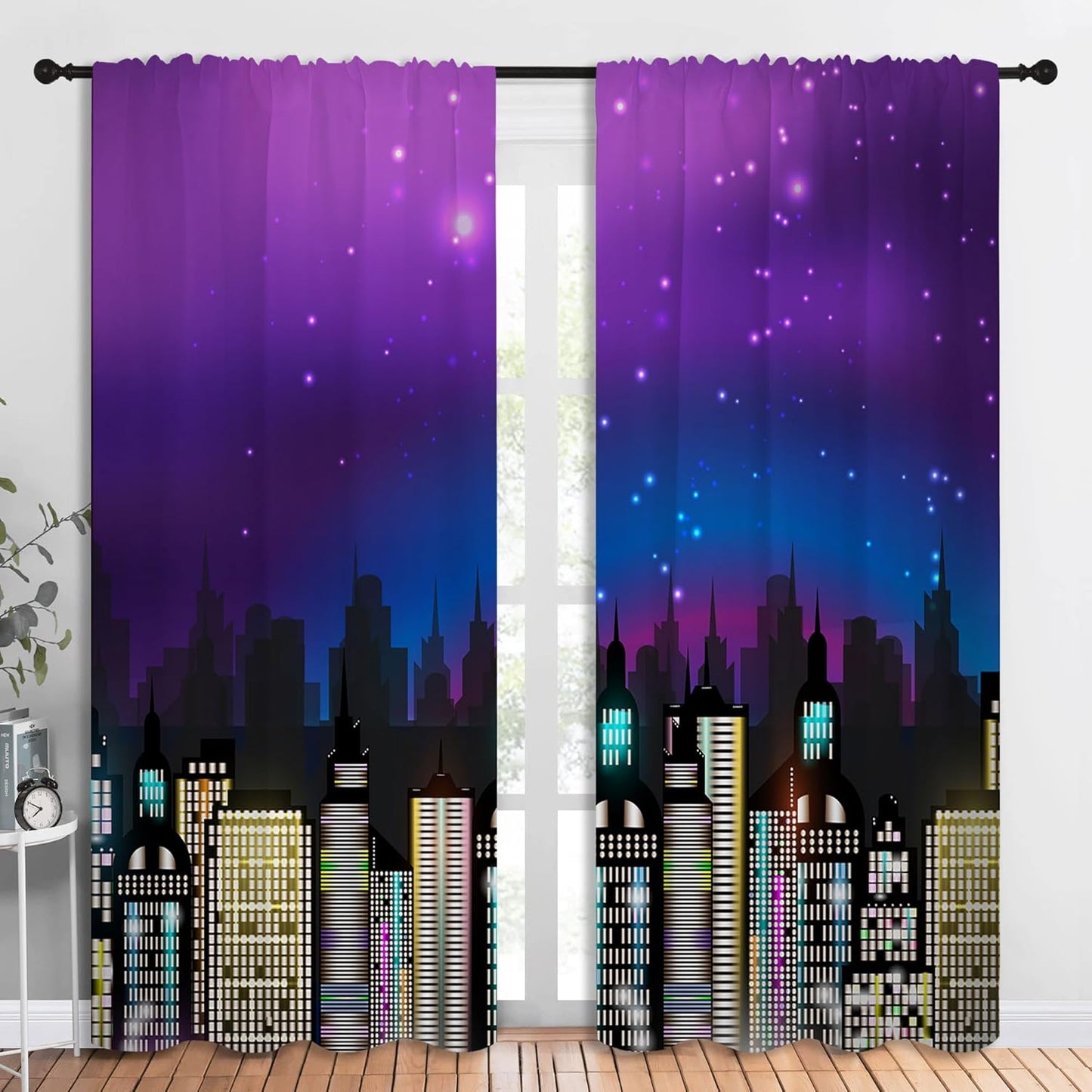 Superhero Rod Pocket Blackout Curtains for Boy Girl Bedroom, Super City Skyline Buildings Night Panorama Home Energy Efficient Light Filtering Window Curtain for Living Room, 84x84 inch