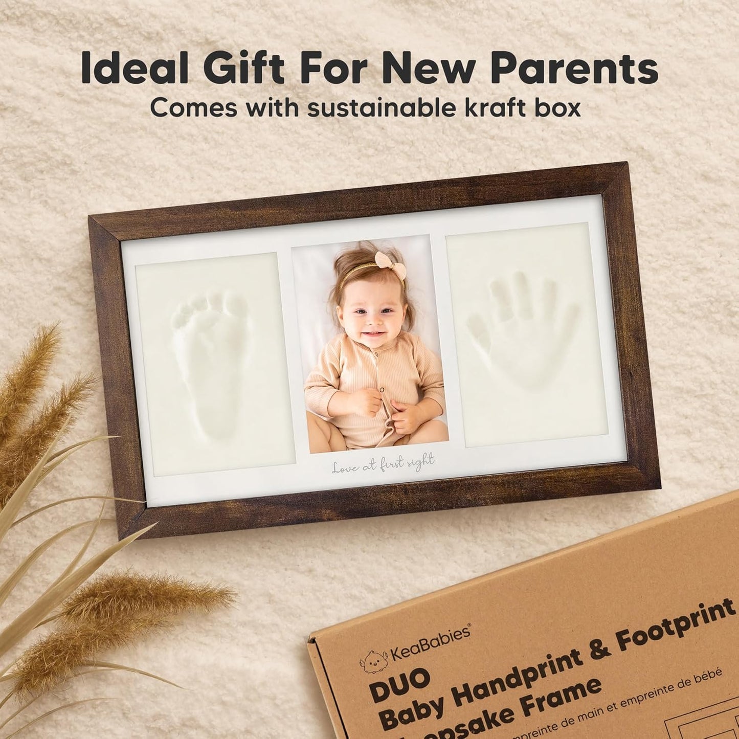 Baby Hand and Footprint Kit - Clay Handprint Keepsake Frame, Newborn Nursery Picture Frame, Personalized New Mom Gifts for Baby Shower & Registry (Dark Walnut)