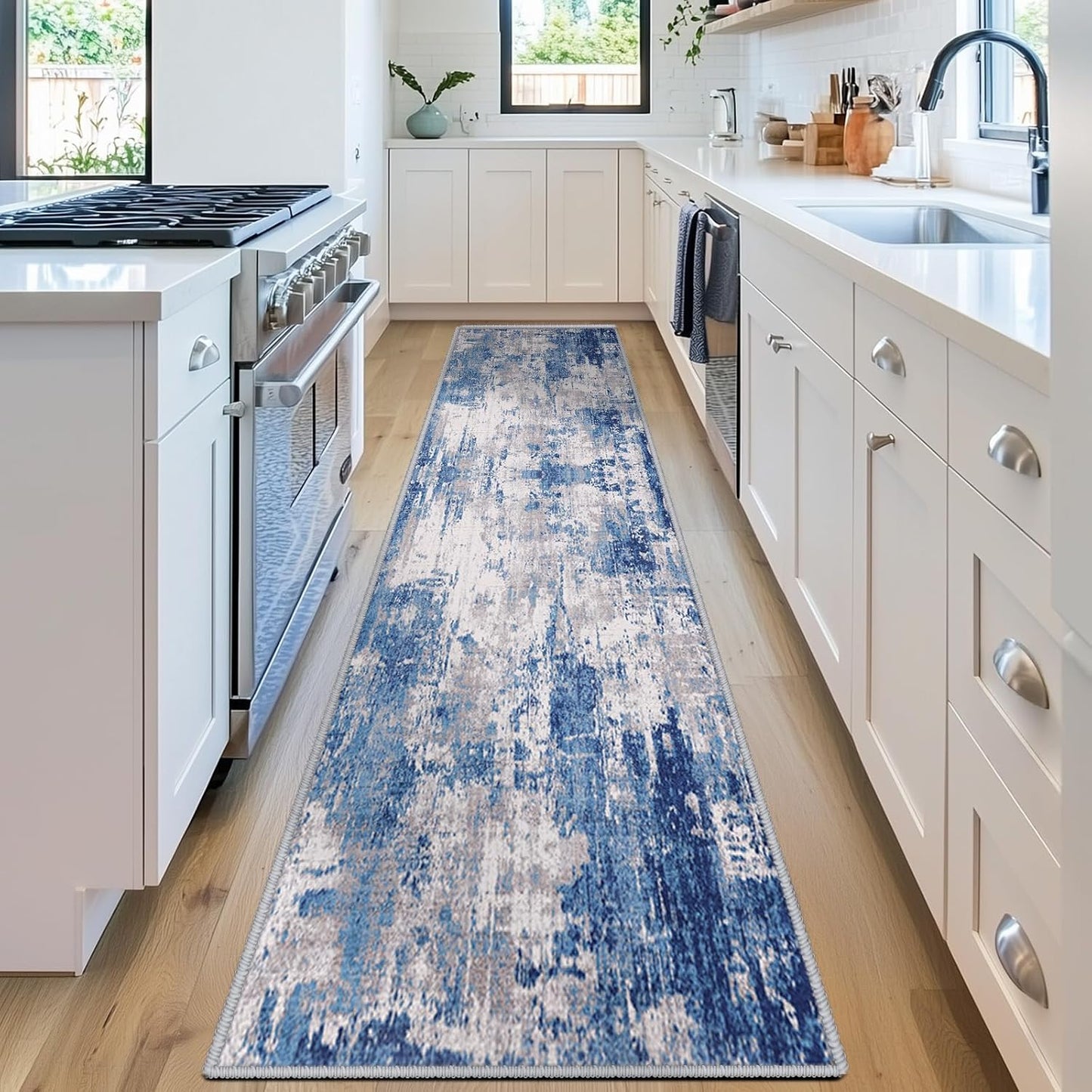 Washable Area Rugs 2'x8' Non-Slip Modern Abstract Soft for Living Room Entryway Bedroom Nursery, Print Pattern, Blue Grey Navy Gray