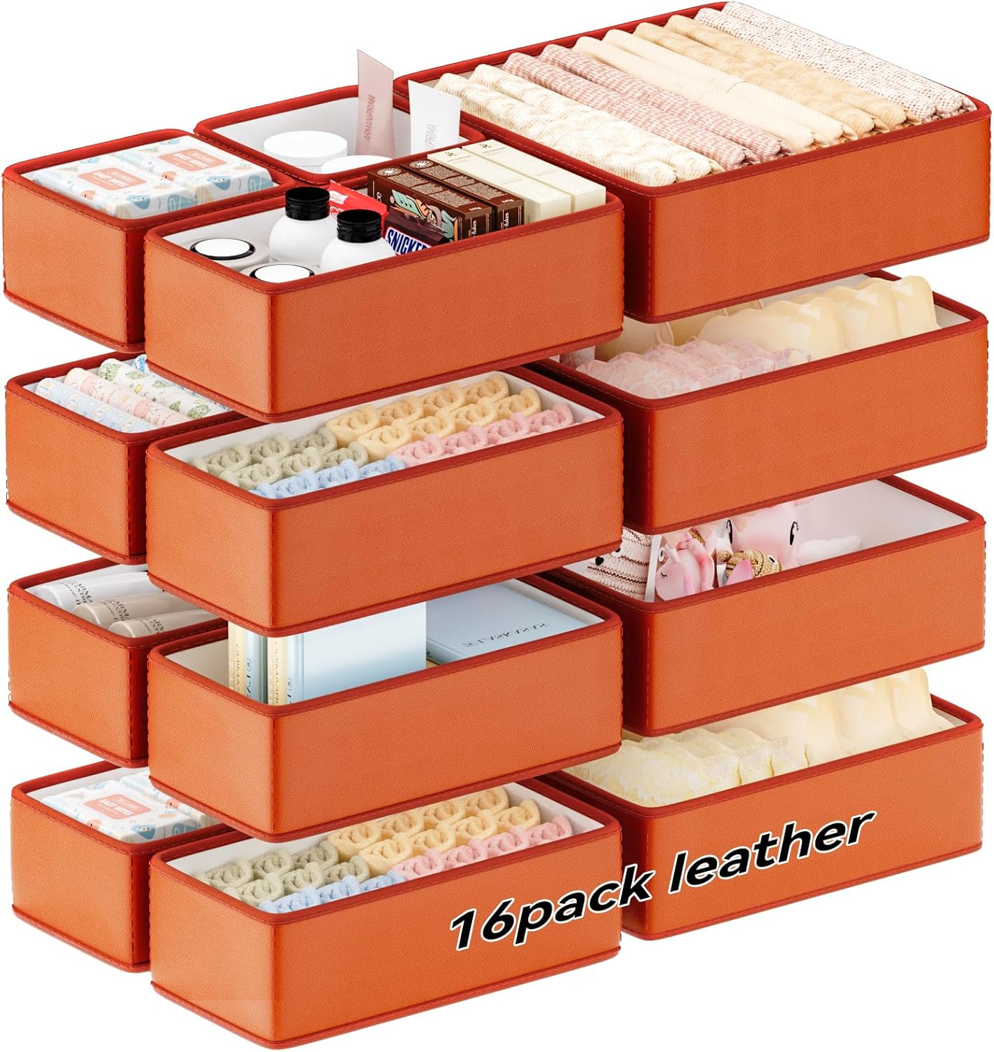 Vegan Leather Drawer Organizers,16 Pack Makeup Storage boxes,Vanity Drawer Luxury upgrade,Bedroom fabric Drawers replacement,bathroom organization and storage Optimal solution