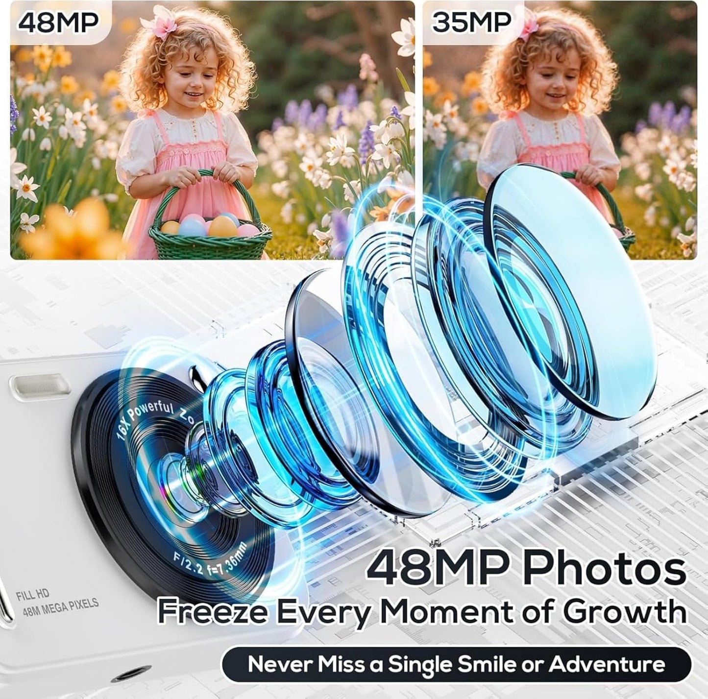 Digital Camera for Kids, WITYEAH 48MP FHD 1080P Point and Shoot Digital Cameras with 16X Zoom Anti-Shake, Compact Portable Cameras for Photography, for Boys Girls Teens Beginners,White