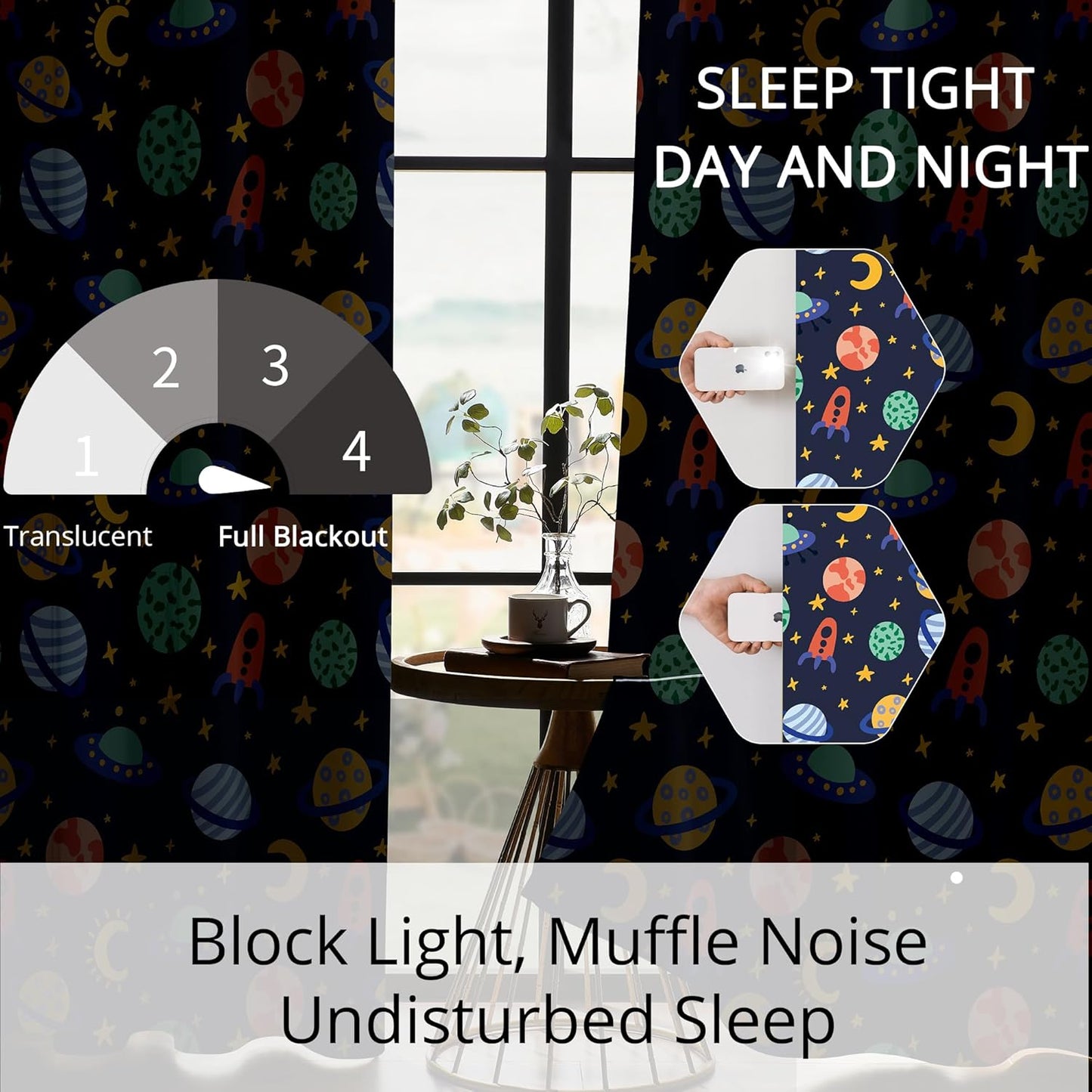 Kids Space Rockets Blackout Curtains - 100% Blackout, Thermal Insulated, Noise Reducing, Perfect for Kids Room and Nursery, 2 Panels (Color Pop Rockets, W52×L84)