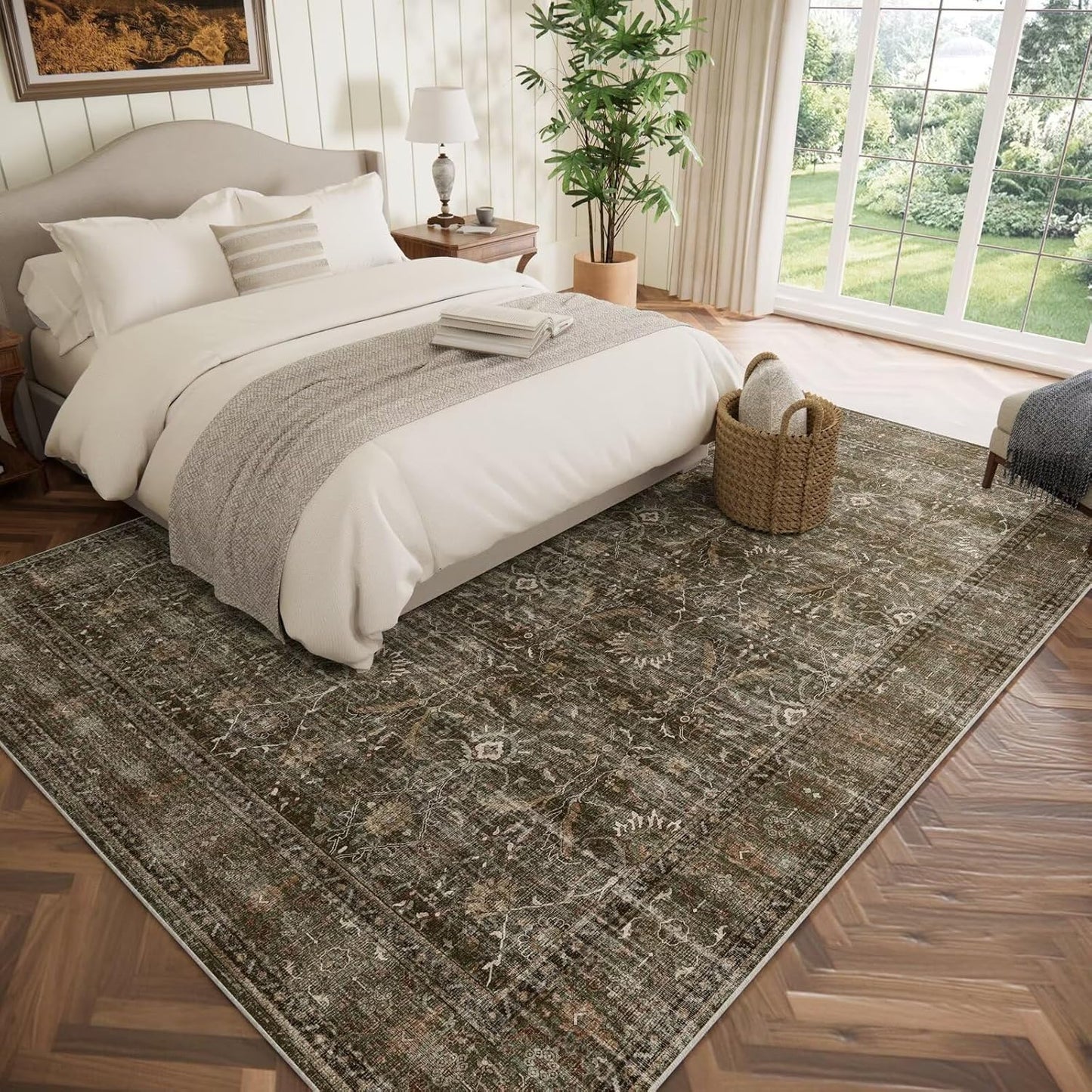 Washable 8x10 Area Rugs for Living Room, Boho Non-Slip Silicone Backing Rugs for Bedroom Dining Room Nursery Office, 0.3" Neutral Oriental Throw Carpet with 0.16" Cushioning Pad, Deep Brown/Multi