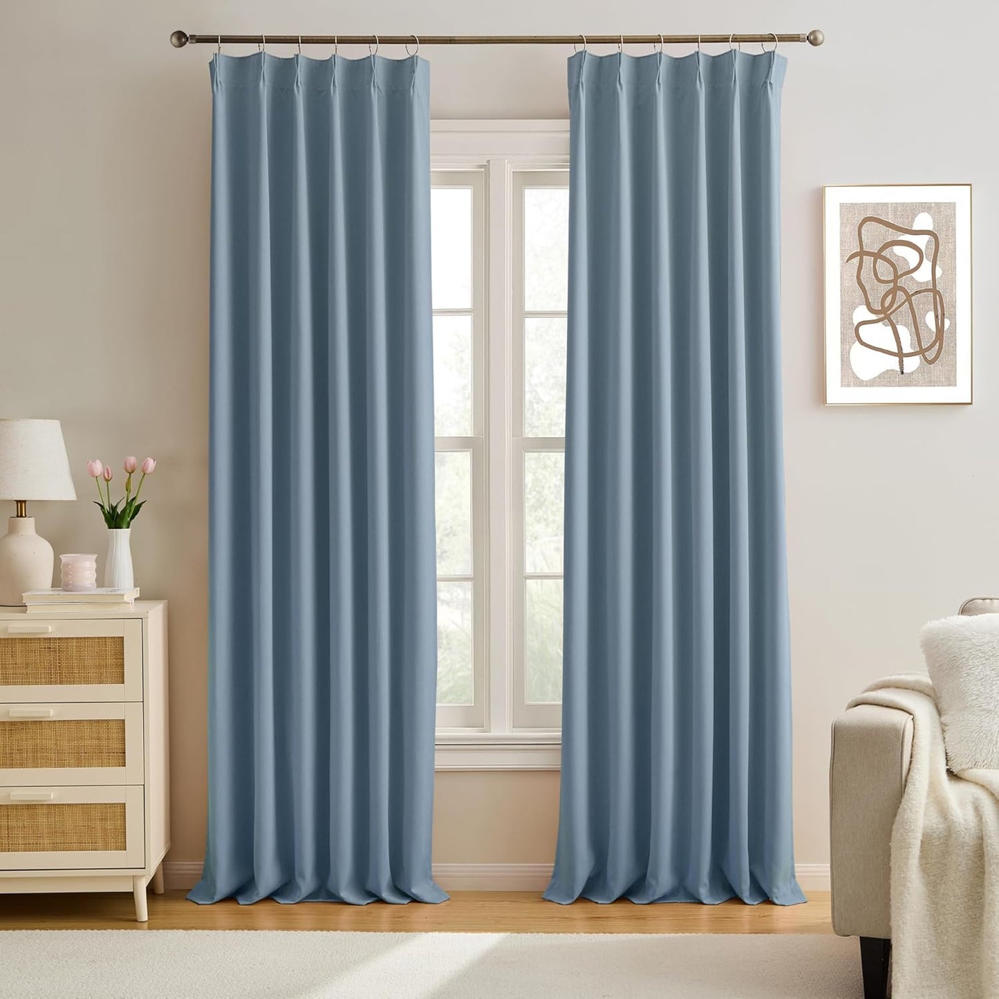 KEQIAOSUOCAI Dusty Blue Pinch Pleated Curtains 144 Inches Long Room Darkening Draperies Luxury Decor for Living Room Nursery (Stone Slate Blue 40x144 Inch 2 Panels)
