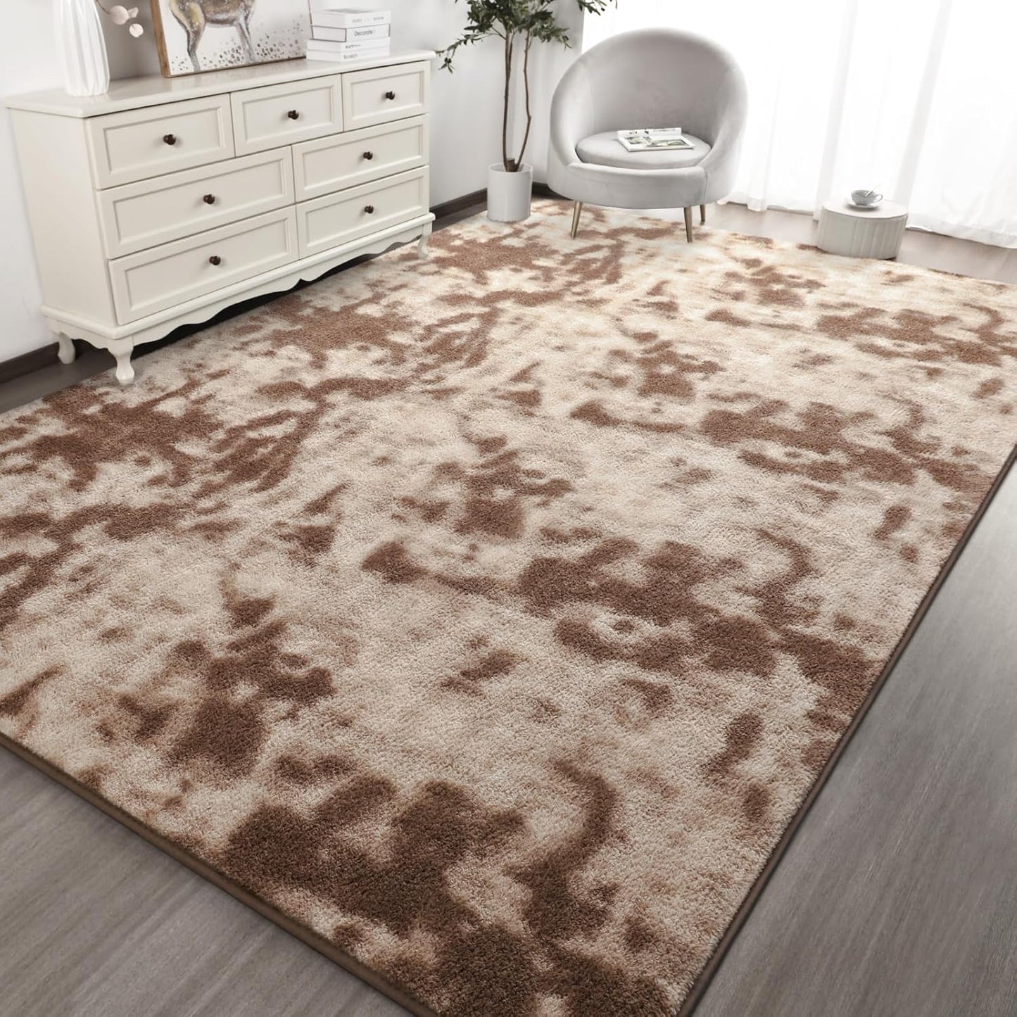 Kimicole 5x8 Washable Area Rugs for Bedroom Living Room, Low Pile Ulta-Thin Solid Color Rug, Non-Slip Soft Fluffy Carpet for Nursery Kids Room Dorm Room Home Decor (Brown)