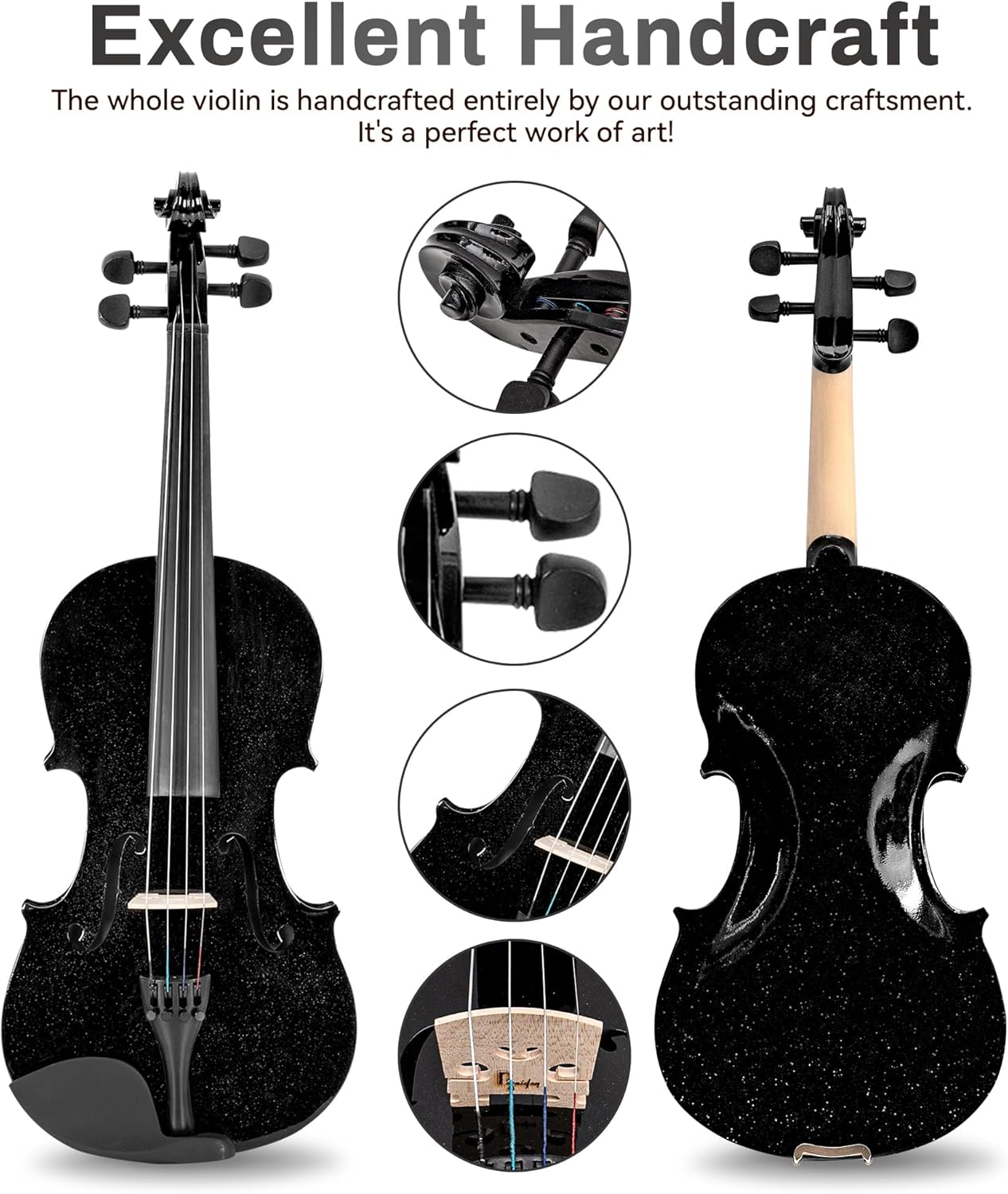 Poseidon Violin Set for Beginners Adult Student, 4/4 Violin Beginner w/Case, Extra Violin 4/4 Strings Set, Two Bows, Two Bridges, Two Rosins, Tuner, Manual - Black