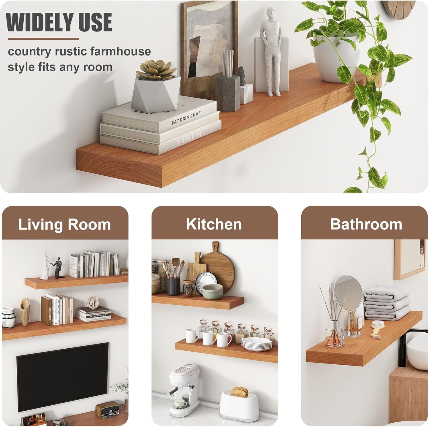 Floating Shelves for Wall, USA-Sourced Cherry Wood 48 Inch Long Wall Shelves, Natural Wooden Wall Mounted Picture Ledge Shelf, Nursery Book Storage Shelf Kids Bookshelf, Display Shelf for Bathroom