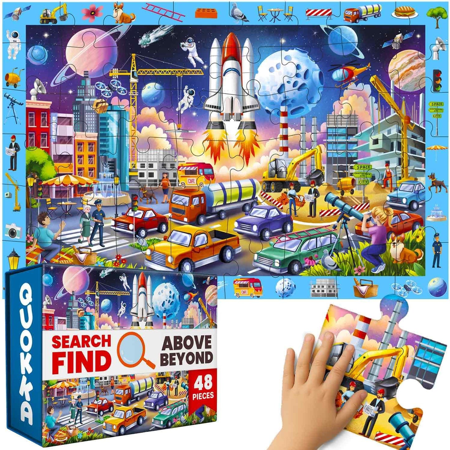 QUOKKA Floor Puzzles for Kids Ages 4-8 – 2x3 FT Giant Search and Find Educational Jigsaw – 48 Large Pieces – Above and Beyond Observational Scene – Fun Montessori Learning Activity with Gift Box