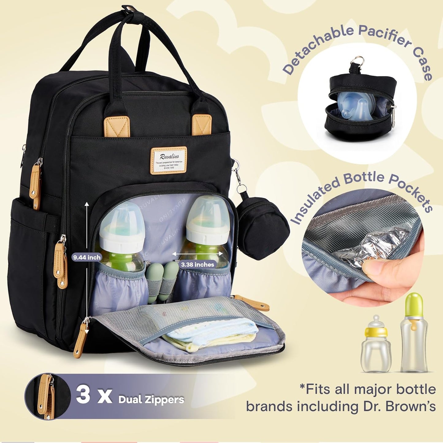 RUVALINO Diaper Bag Backpack, Multifunction Travel Pack Maternity Baby Changing Bags, Large Capacity, Waterproof, Black