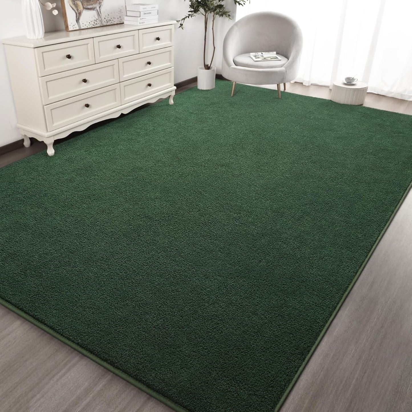Kimicole 5x8 Washable Area Rugs for Bedroom Living Room, Low Pile Ulta-Thin Solid Color Rug, Non-Slip Soft Fluffy Carpet for Nursery Kids Room Dorm Room Home Decor (Dark Green)