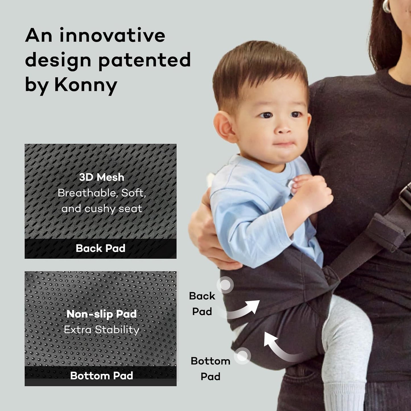 Konny Baby Carrier Hip Seat, Dual Support IHDI Certified with Two Safety Pads, Adjustable Wraps Sling Wearable One Size Fits All, Baby Essentials for 6 to 48 Months up to 44 lbs -Pink