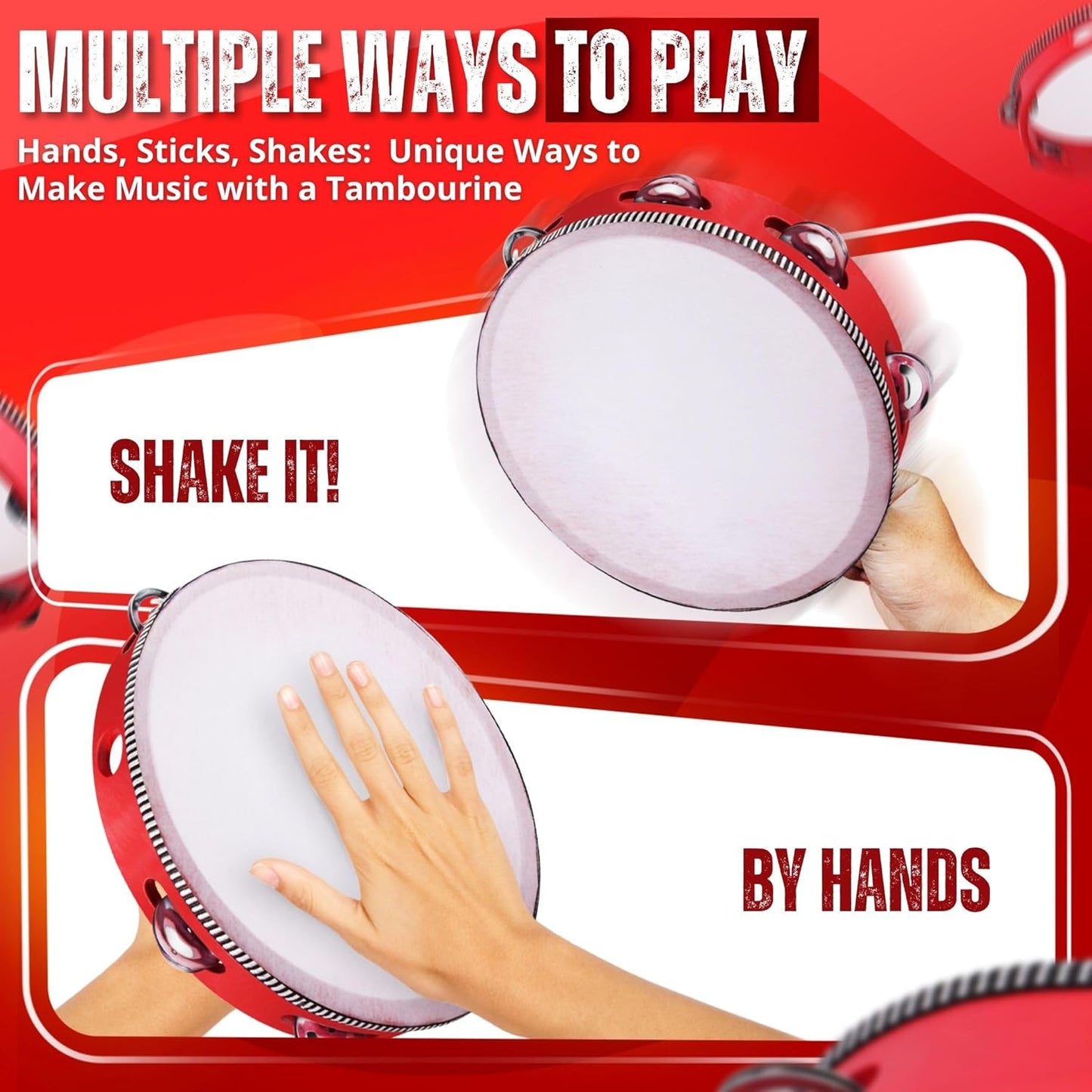 Flexzion Wooden Round Tambourine for Kids and Adults 6" Inch Single Row 8 Pair Jingles, Red Handheld Percussion Instrument for Beginner and Professional Tambourine Player