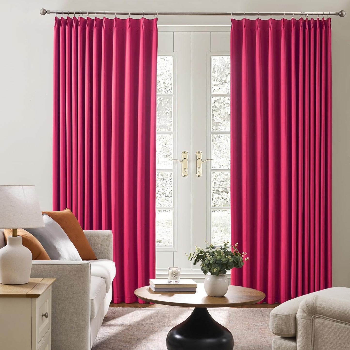 KEQIAOSUOCAI Pinch Pleat Curtains 92 Inches Long,Home Fashion Microfiber Thermal Insulated Solid Pleated Room Darkening Curtain for Bedroom (Hot Pink, 2 Panels, 40 inch Wide by 92 Long)