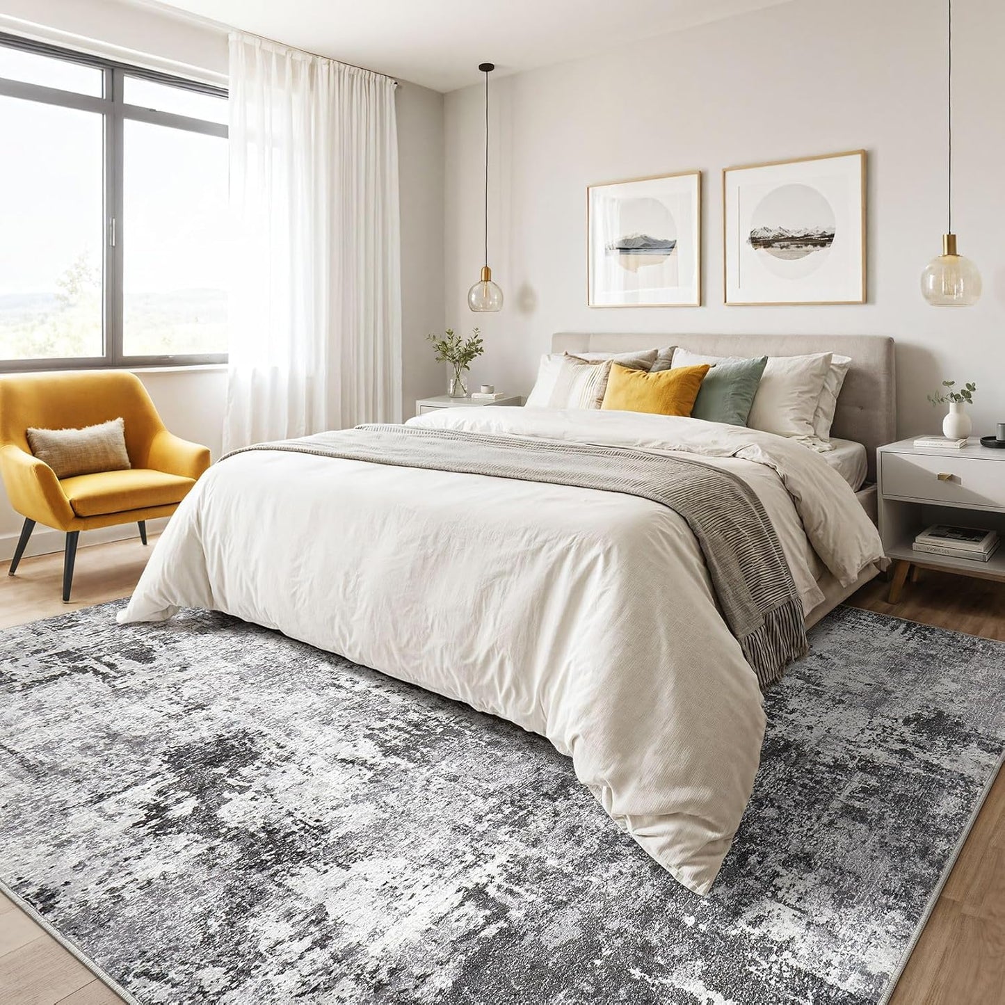 5x8 Area Rug Living Room: Machine Washable Large Abstract Modern Soft Rugs Stain Resistant Indoor Floor Non Slip Accent Carpet for Bedroom Nursery Playroom Dining Room Office Dorm Home- Black Grey