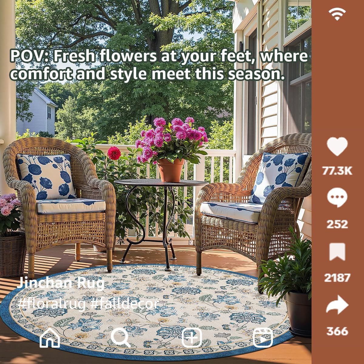 jinchan 7ft Floral Round Rug for Dining Room Washable Living Room Rug Vintage Romance Design Non Slip Indoor Floor Cover Lightweight Low-Profile Throw Carpet for Bedroom Porch Patio, Blue/Beige
