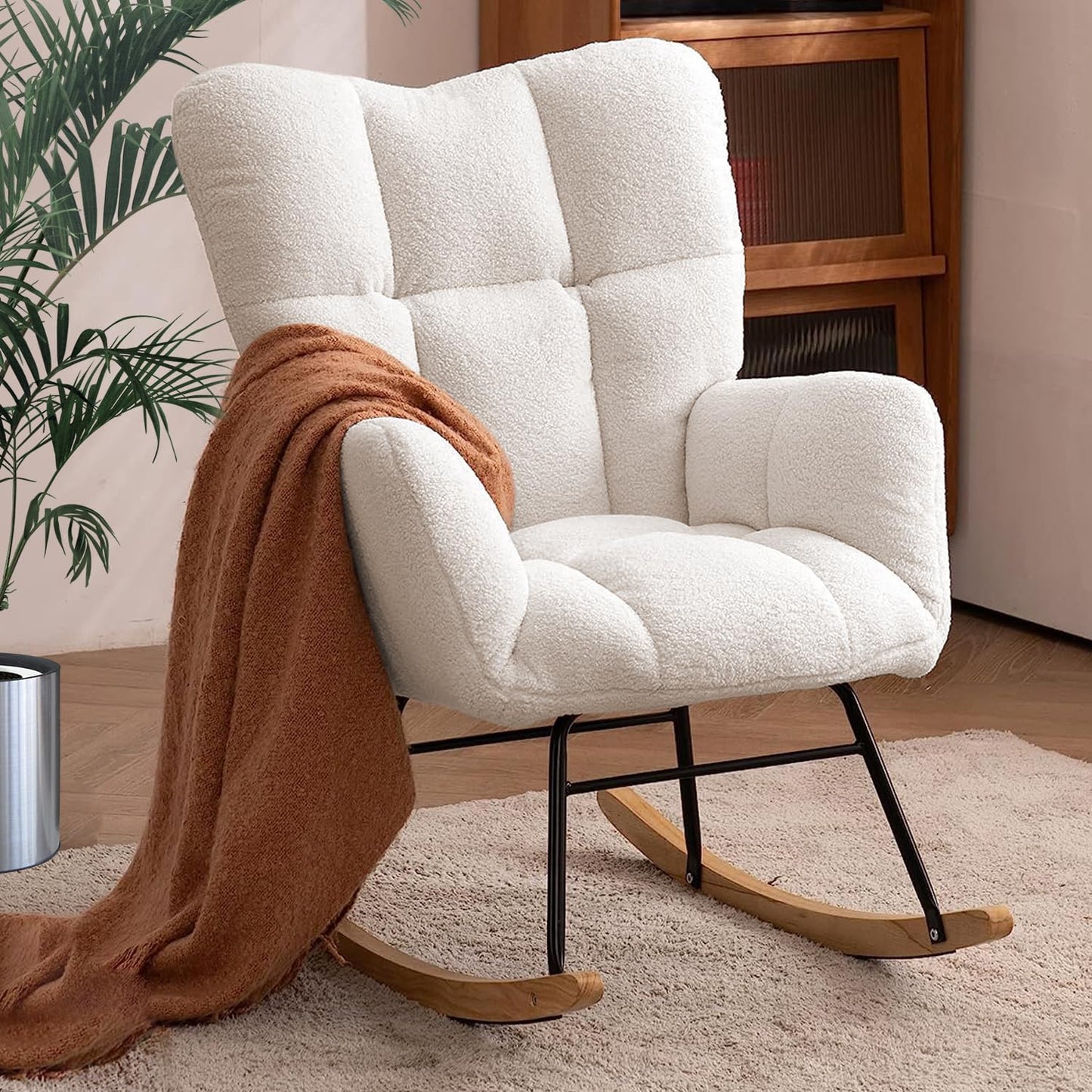 Nursery Rocking Chair, Teddy Upholstered Glider Rocker with High Backrest Armchair, Modern Rocking Accent Chairs for Nursery, Living Room, Bedroom, Offices (Ivory)