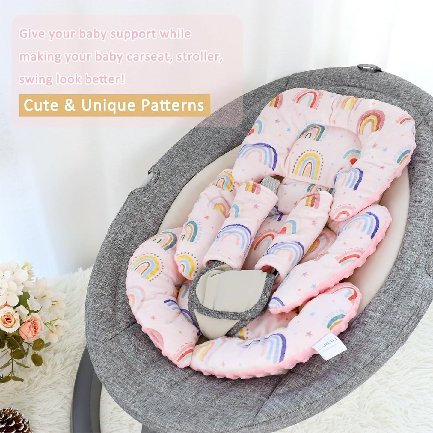Infant Car Seat Insert, Car Seat Head Support Baby Girls Boys, Soft & Reversible Newborn Carseat Insert Cushion with 2 Strap Covers, for Stroller, Swing, Bouncer (Pink Rainbow)