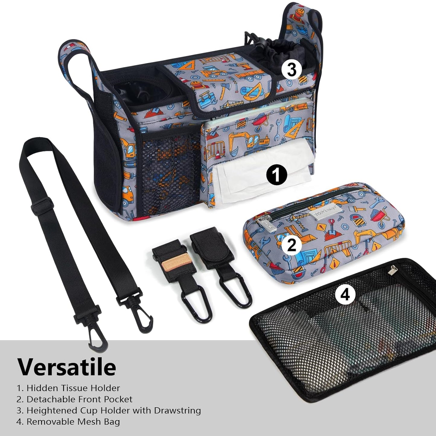 TOPDesign Universal Baby Stroller Organizer, Stroller Caddy with Detachable Mesh Bag & Heightened Insulated Cup Holders & Non-Slip Secure Hooks Accessories, Fits Most Strollers (Construction Trucks)