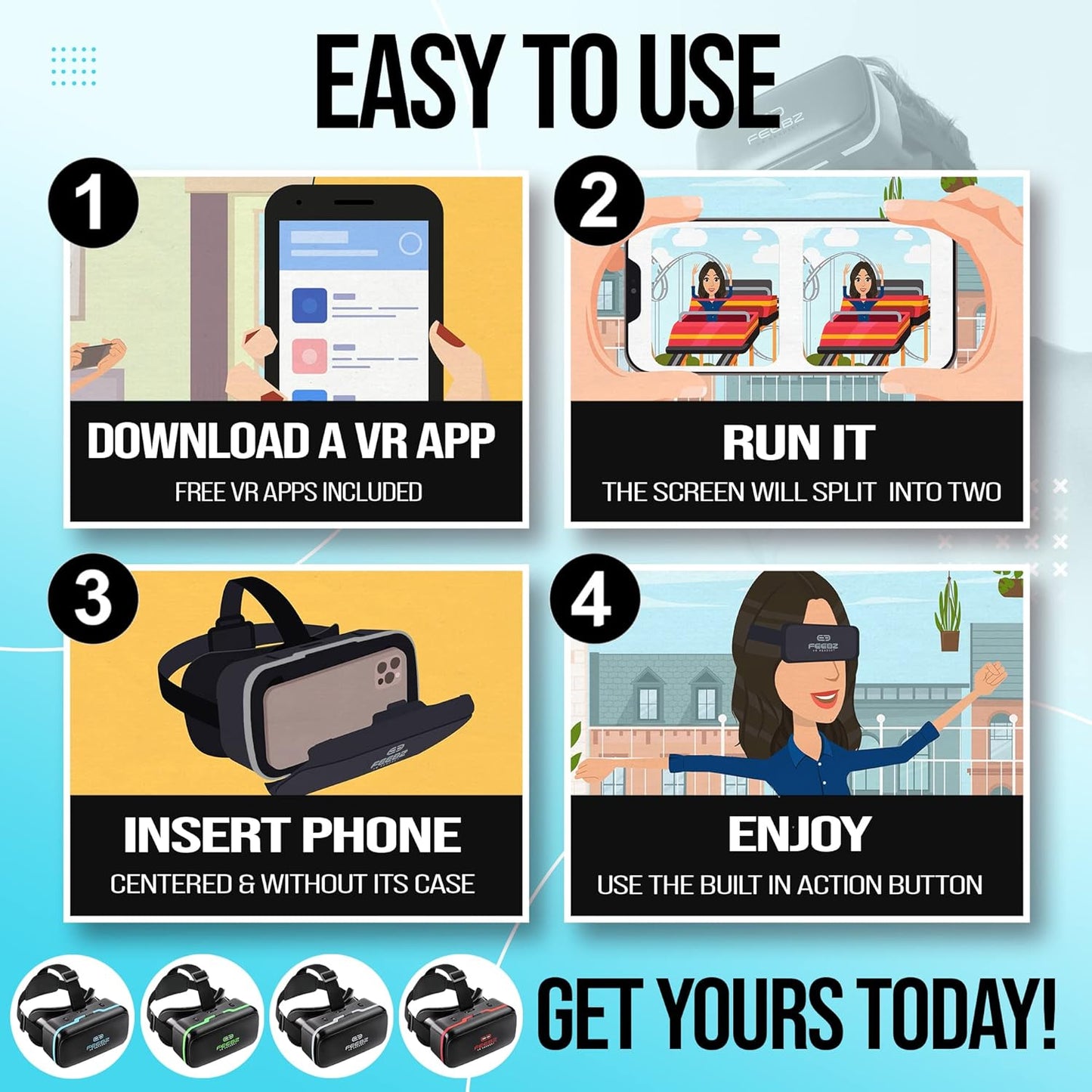 FEEBZ 3D VR Headset for Kids 2.0 - for iPhone & Android Phones | with 3D VR Videos & Apps Links | Virtual Reality Goggles Set for Beginners