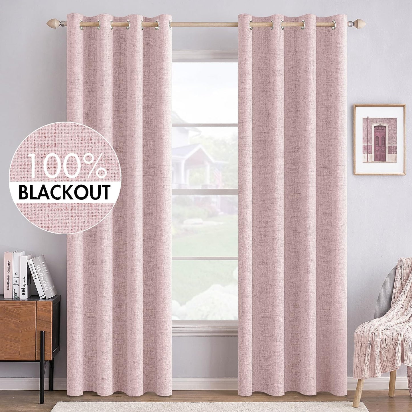 MIULEE Linen Texture 90 Inches Curtains for Bedroom 100% Blackout Thermal Insulated Pink Curtains Grommet Room Darkening Curtains/Draperies for Living Room Nursery 52x90 Inch (2 Panels)