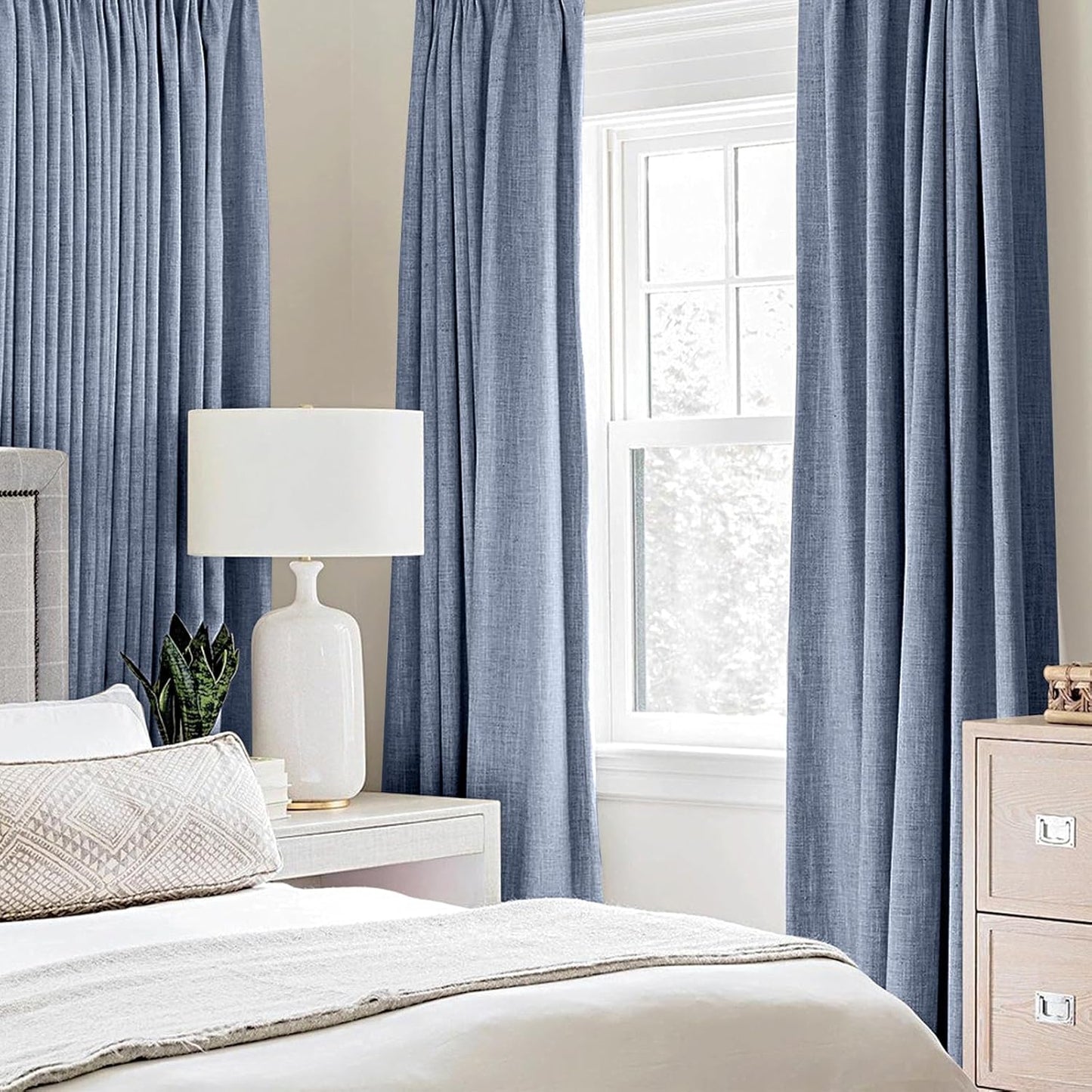 MIULEE Linen Texture Curtains for Bedroom Solid 100% Blackout Thermal Insulated Stone Blue Curtains Grommet Room Darkening Curtains/Drapes for Living Room Nursery 52x63 Inch (2 Panels)