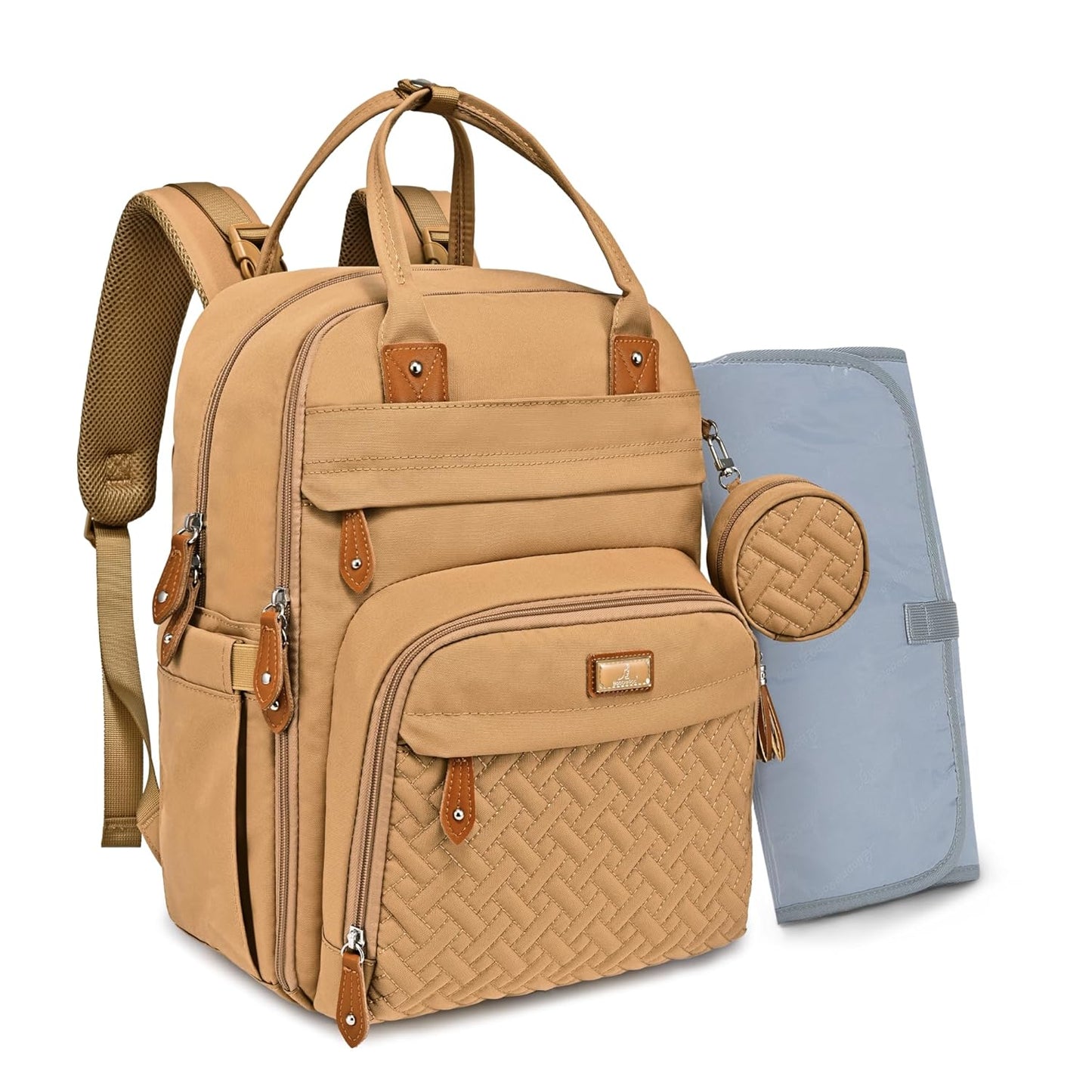 BabbleRoo Diaper Bag Backpack - Baby Essentials Travel Tote - Multi function Waterproof Diaper Bag, Travel Essentials Baby Bag with Changing Pad, Stroller Straps & Pacifier Case - Unisex, Beige