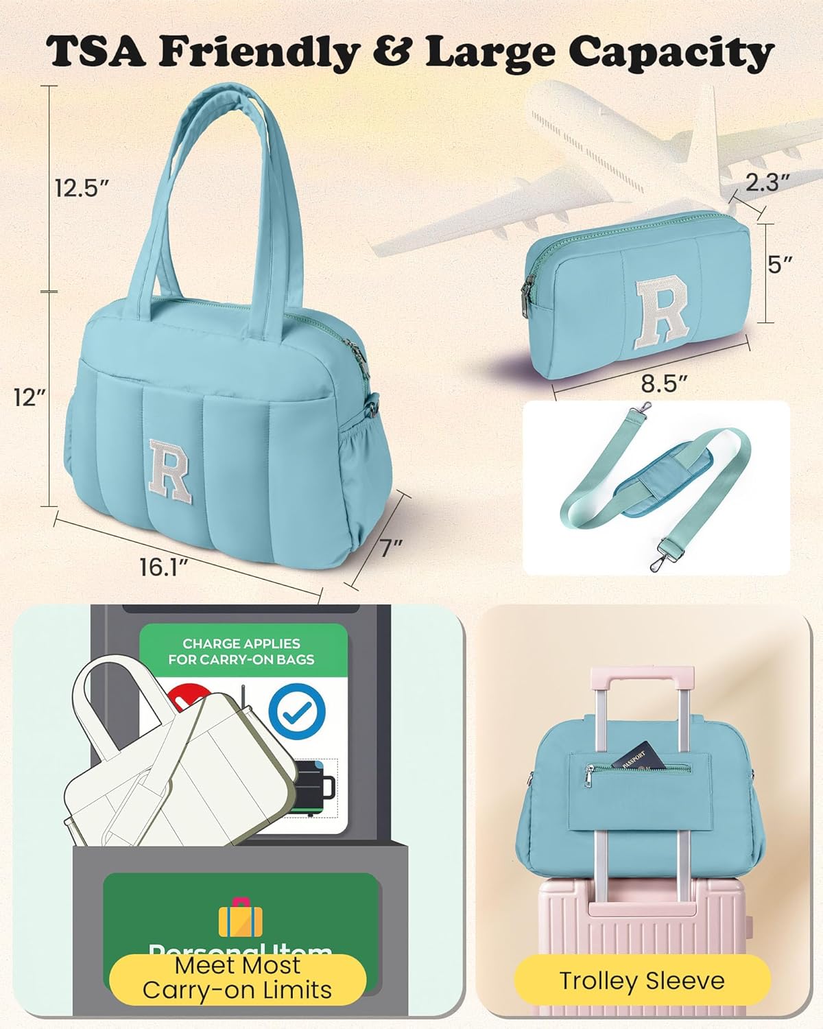 Duffle Bag, Weekender Bags for Girl，Monogrammed Gifts for Woman-Initial Overnight Bag with Wet Pocket，Lightweight Dance Bags Personalized Gymnastics bag with Makeup Pouch