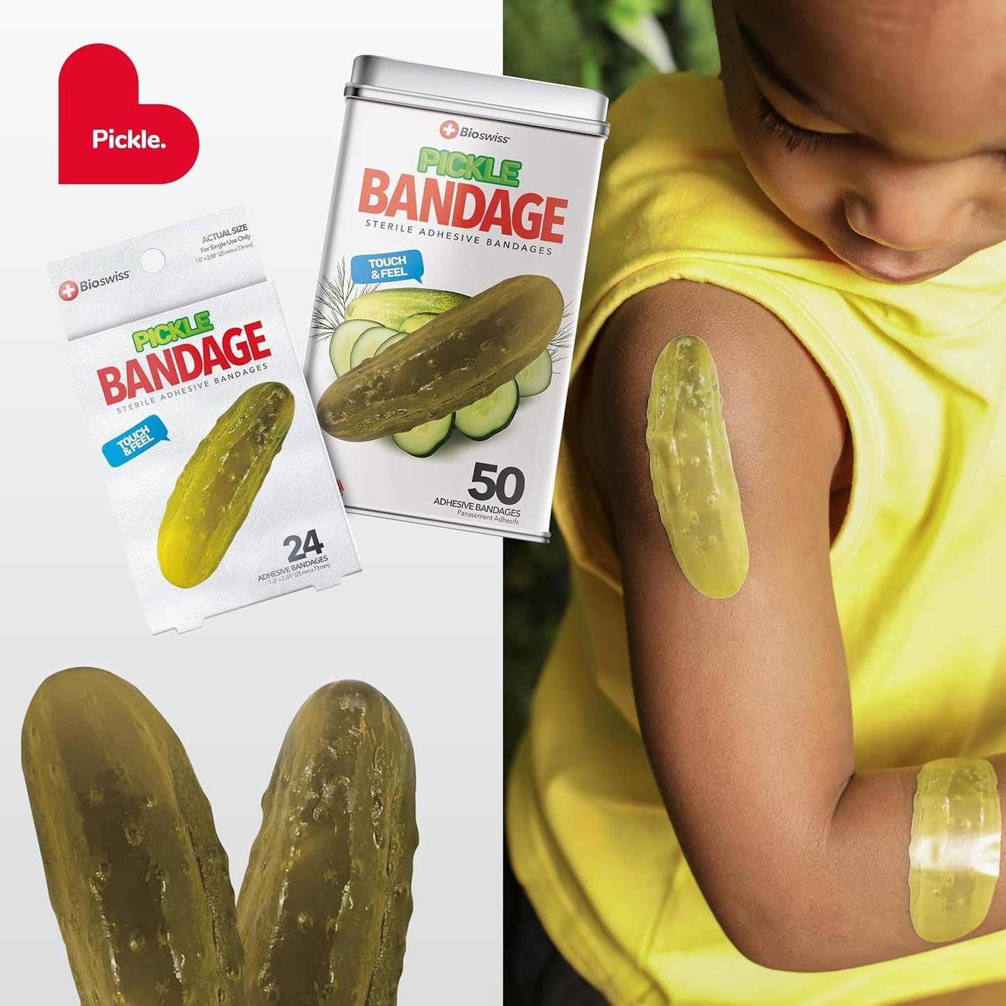 BioSwiss Bandages, Pickle Shaped Self Adhesive Bandage, Latex Free Sterile Wound Care, Fun First Aid Kit Supplies for Kids, 50 Count