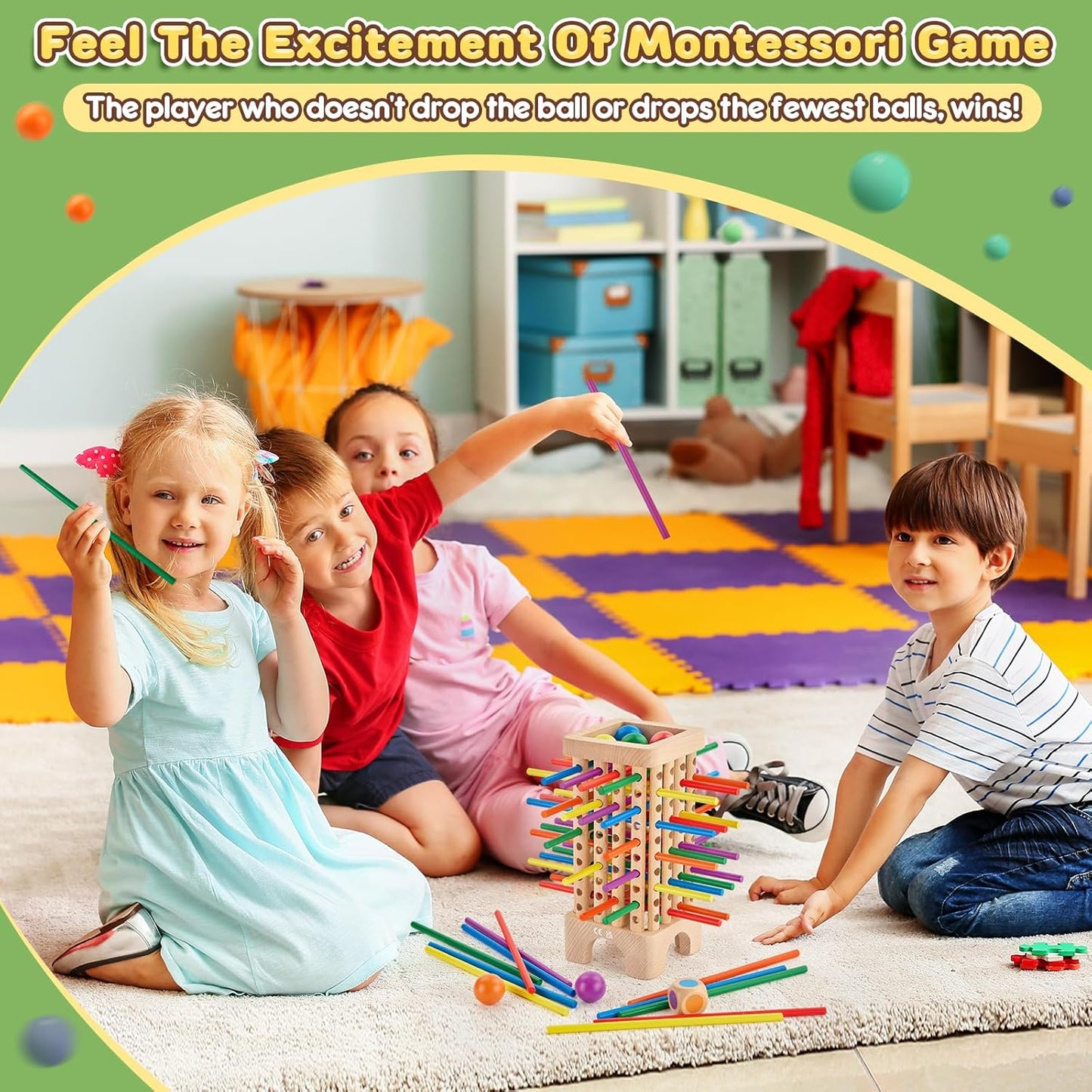 Montessori Game Wooden Board Game, 42 Colorful Wooden Sticks Dice Game Math Educational Toys for 3 4 5 6 Years Old, Fine Motor Skills Toys & Counting Toy Family Game Travel Toys Gifts for Kids