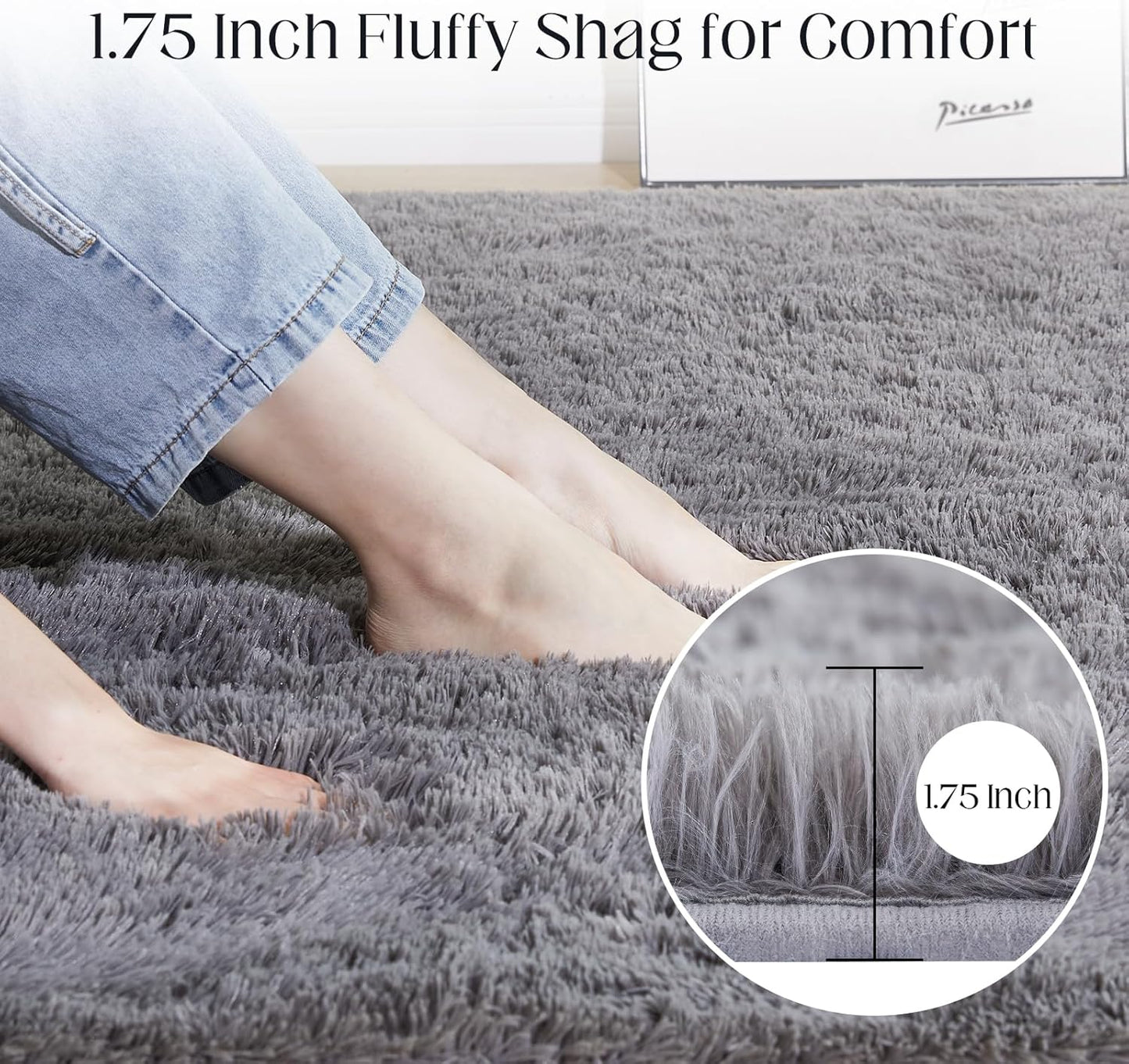 9x12 Grey Fluffy Plush Area Rug, Ultra Soft Bedroom Rug Indoor Carpet, Anti-Skid High Pile Luxury Rugs for Nursery, Kids Room, Playroom, Home Decoration