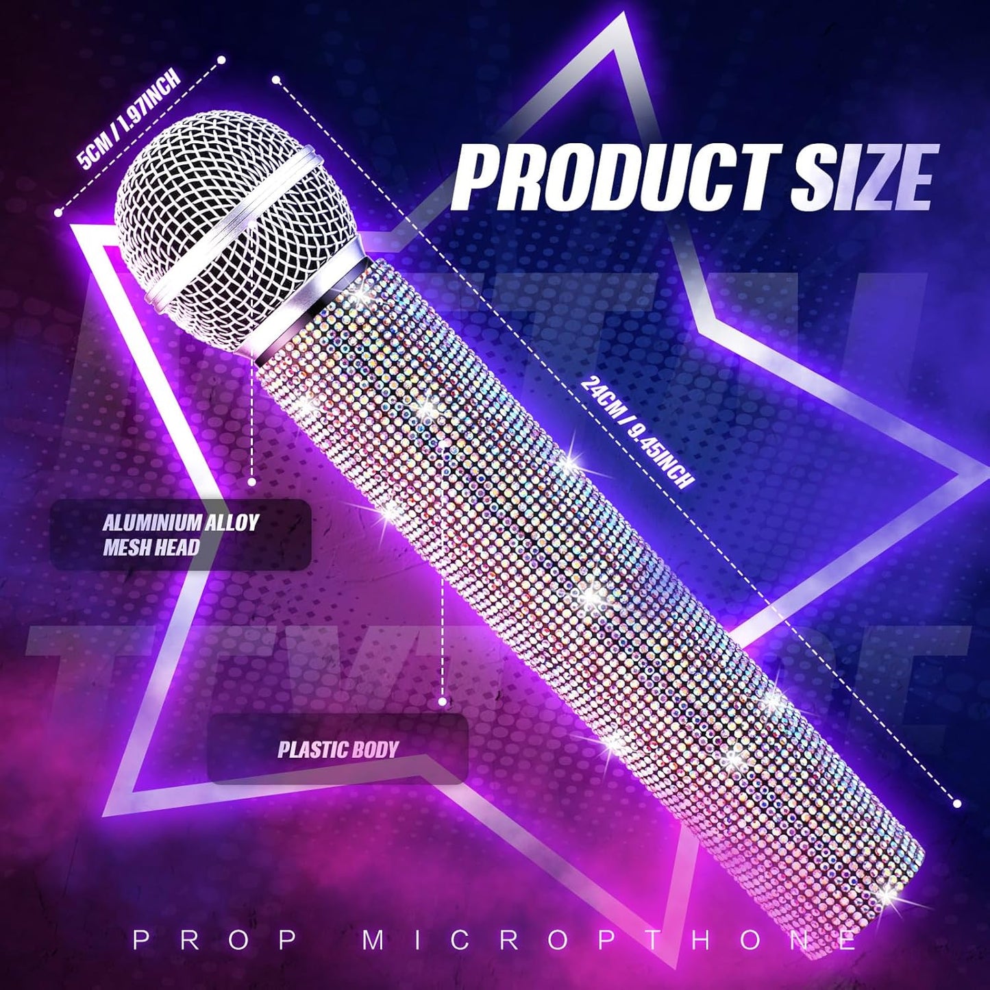 Sanwuta Fake Microphone Prop Sparkly Bling Rhinestones Plastic Play Microphone Pretend Glitter Bedazzled Mic for Cosplay Party Costume(AB Color)