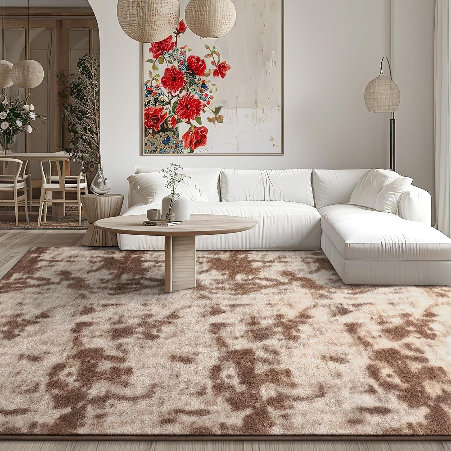 Kimicole 6x9 Washable Area Rugs for Living Room Bedroom, Large Low Pile Ulta-Thin Solid Color Rug, Non-Slip Soft Fluffy Carpet for Nursery Kids Room Dorm Room Home Decor (Brown)