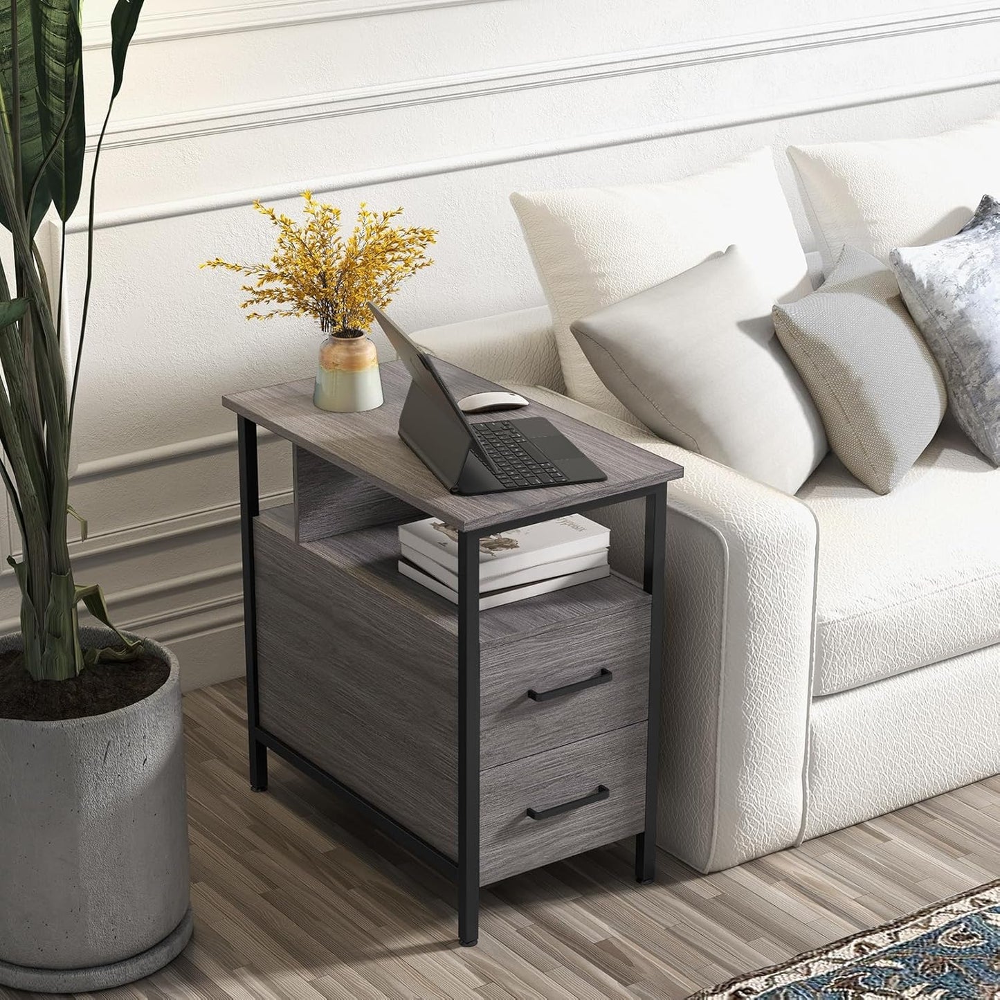 Side Table, End Tables with Charging Station, Narrow End Table with Wooden Drawers, USB Ports and Power Outlets, Nightstand and Bedside Table, End Table Living Room, Bedroom, Dark Grey