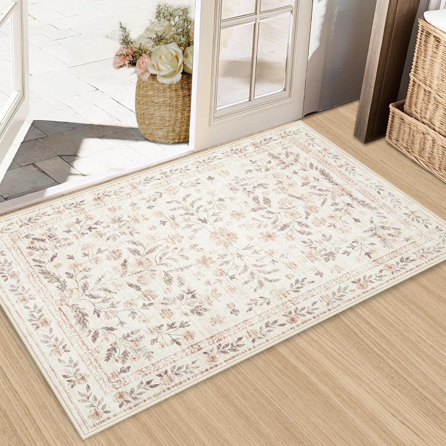 Door Mat Indoor Entrance Rug 2x3, Washable Soft Floral Boho Area Rug Non-Slip Low Pile Small Throw Rugs for Entryway, Kitchen, Entry, Kids Room(2'x3', Floral Beige)
