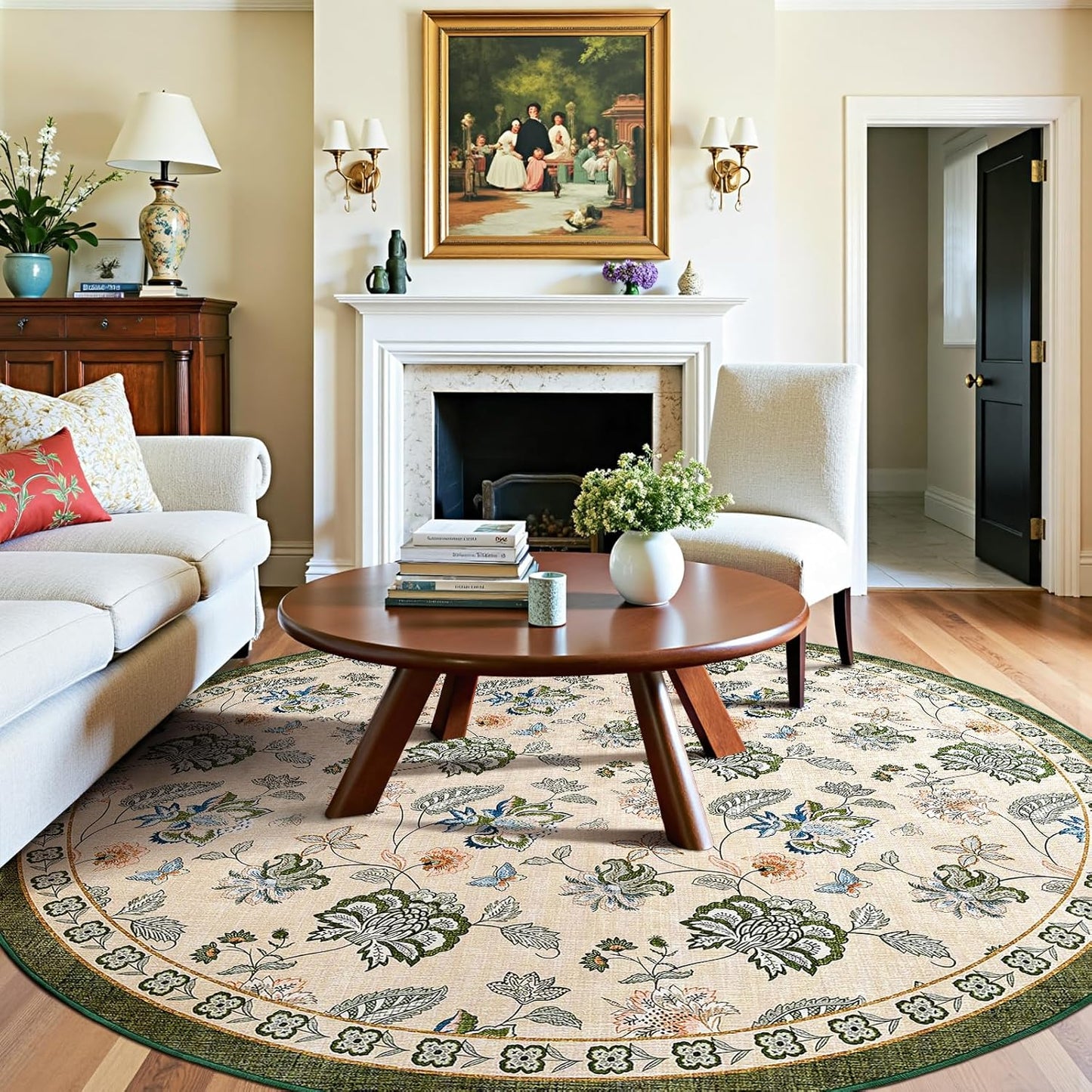 jinchan 7ft Floral Round Rug for Dining Room Washable Living Room Rug Vintage Romance Design Non Slip Indoor Floor Cover Lightweight Low-Profile Throw Carpet for Bedroom Porch Patio, Green/Beige