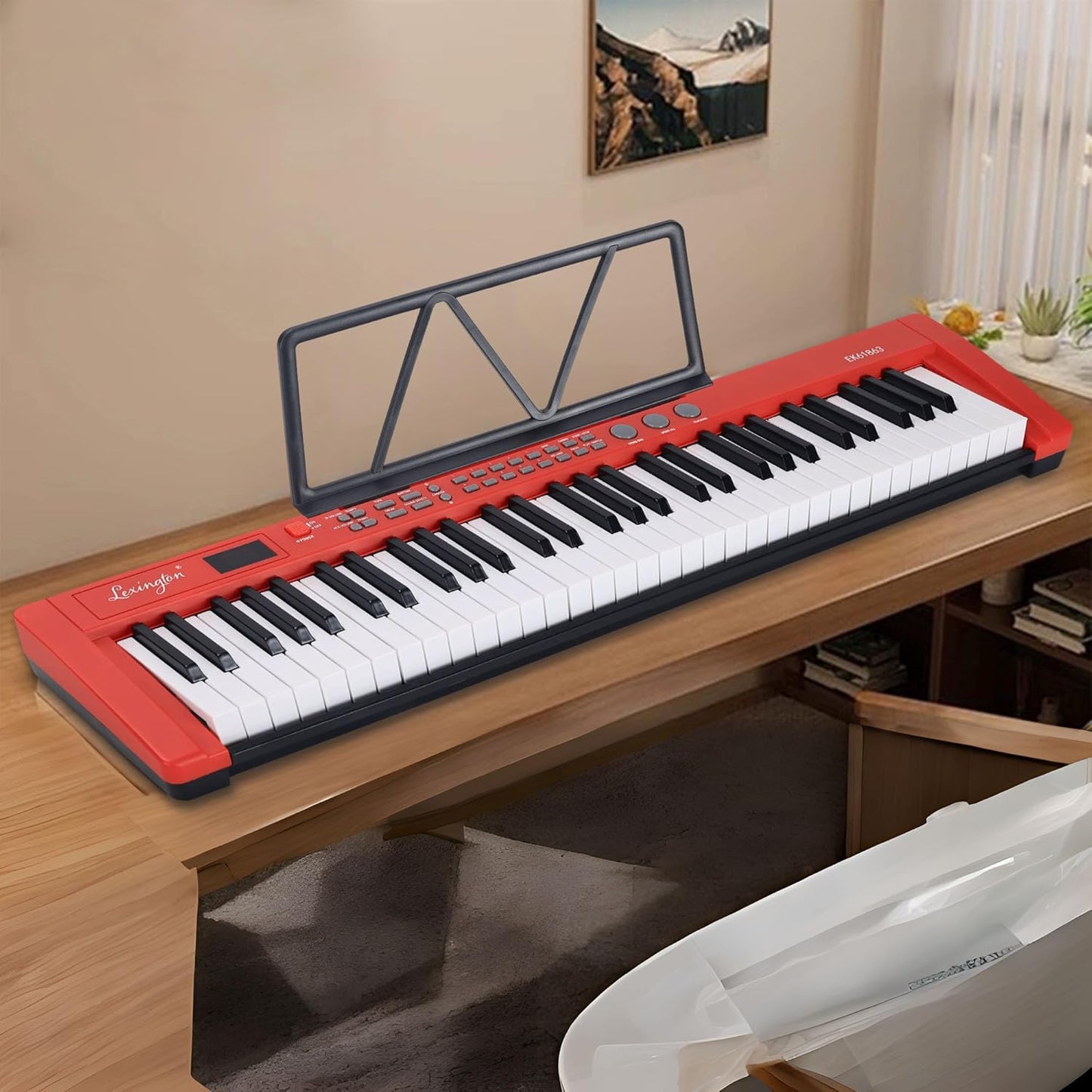 Lexington 61 Key Keyboard Piano, Complete Electronic Piano Keyboard Set for Beginners Adults, Portable Music Keyboard with Lighted Keys, Teaching Modes, Stand, Case, Microphone (61-Key Red)