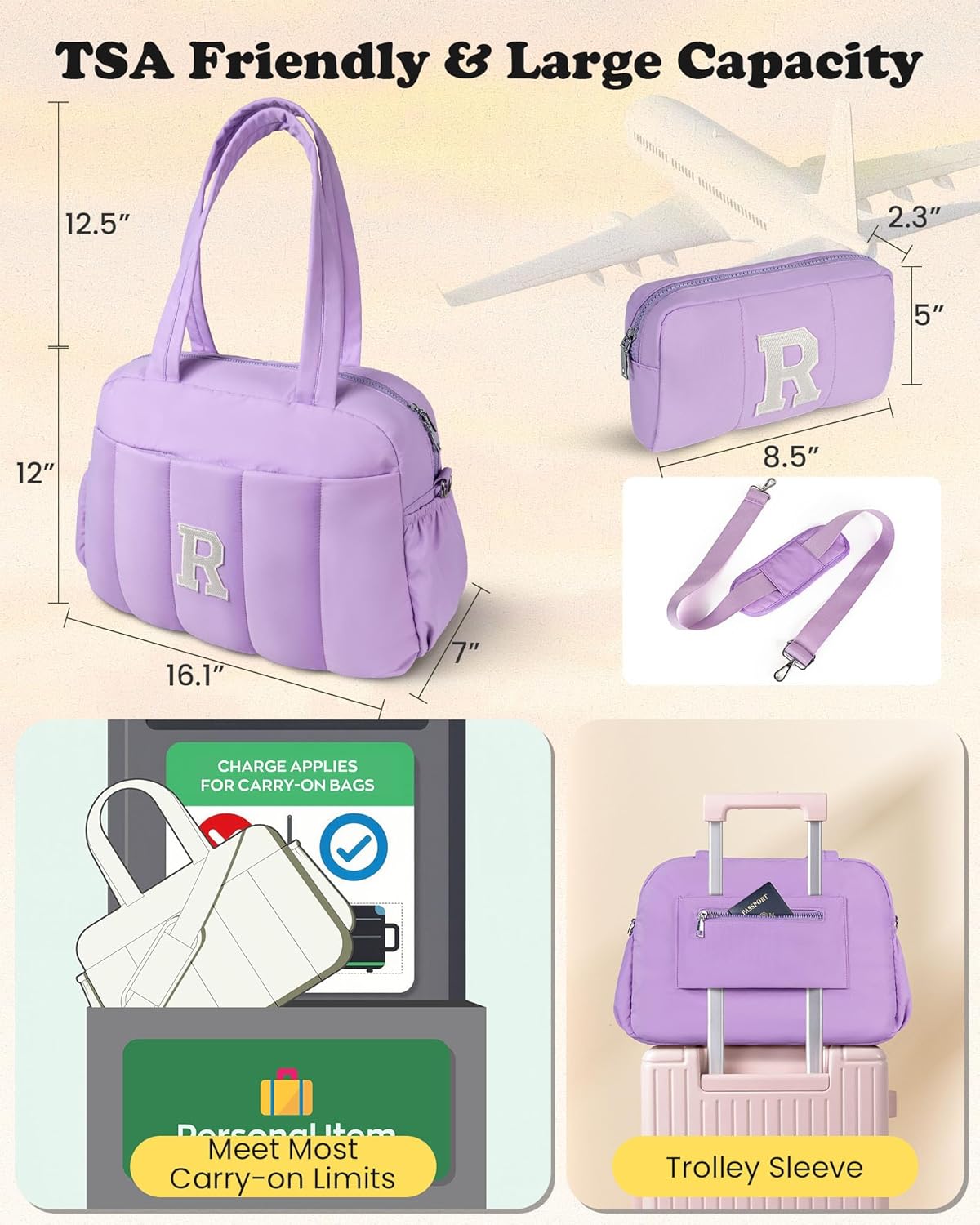 Initial Duffle Bag, Carry On Bags for Women，Granddaughter Gifts-Overnight Bag with Wet Pocket，Lightweight Travel Bags Personalized Gym Tote with Makeup Pouch