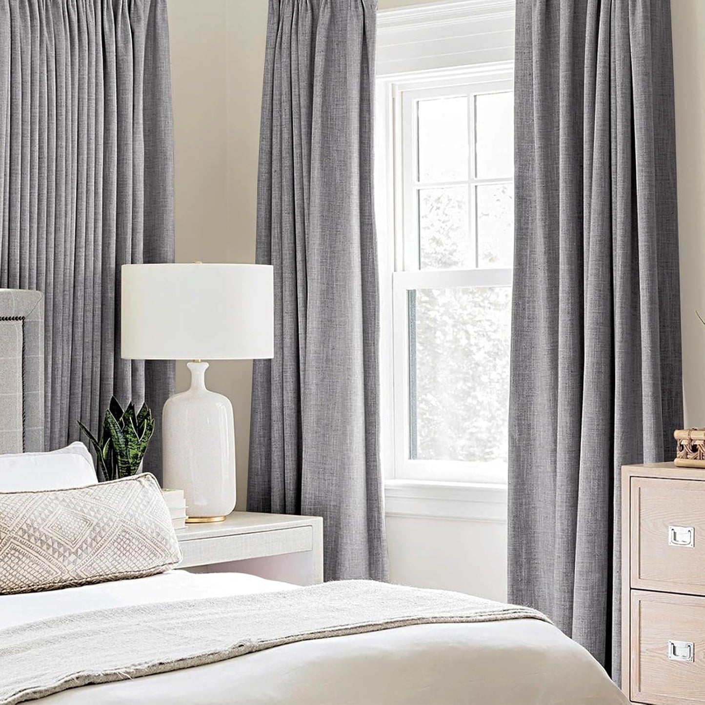 MIULEE Linen Textured 90 Inches Curtains for Bedroom 100% Blackout Thermal Insulated Grey Curtains Grommet Room Darkening Luxury Decor for Living Room Nursery 52 x 90 Inch (2 Panels)