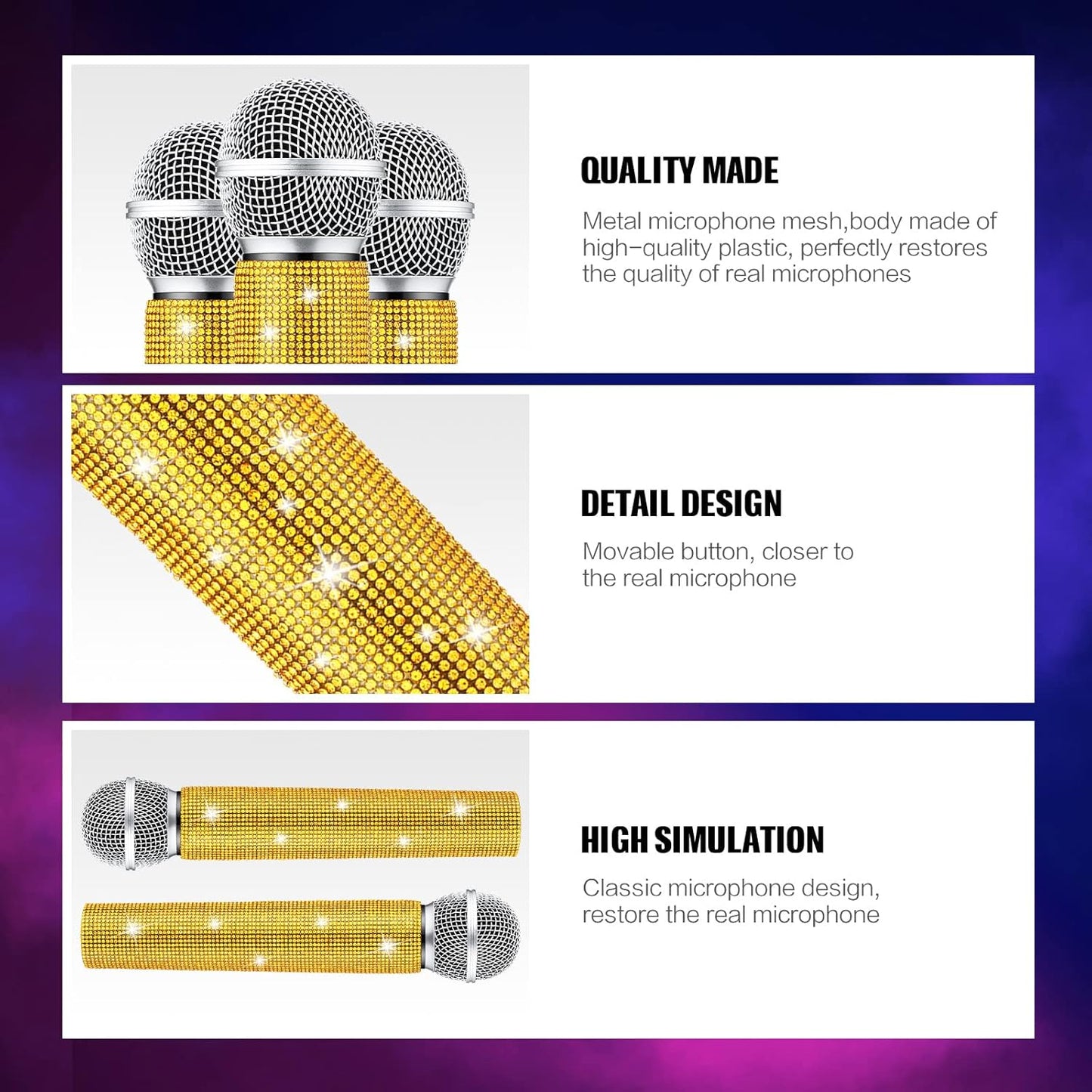 Sanwuta Fake Microphone Prop Sparkly Bling Rhinestones Plastic Play Microphone Pretend Glitter Bedazzled Mic for Cosplay Party Costume(Gold)