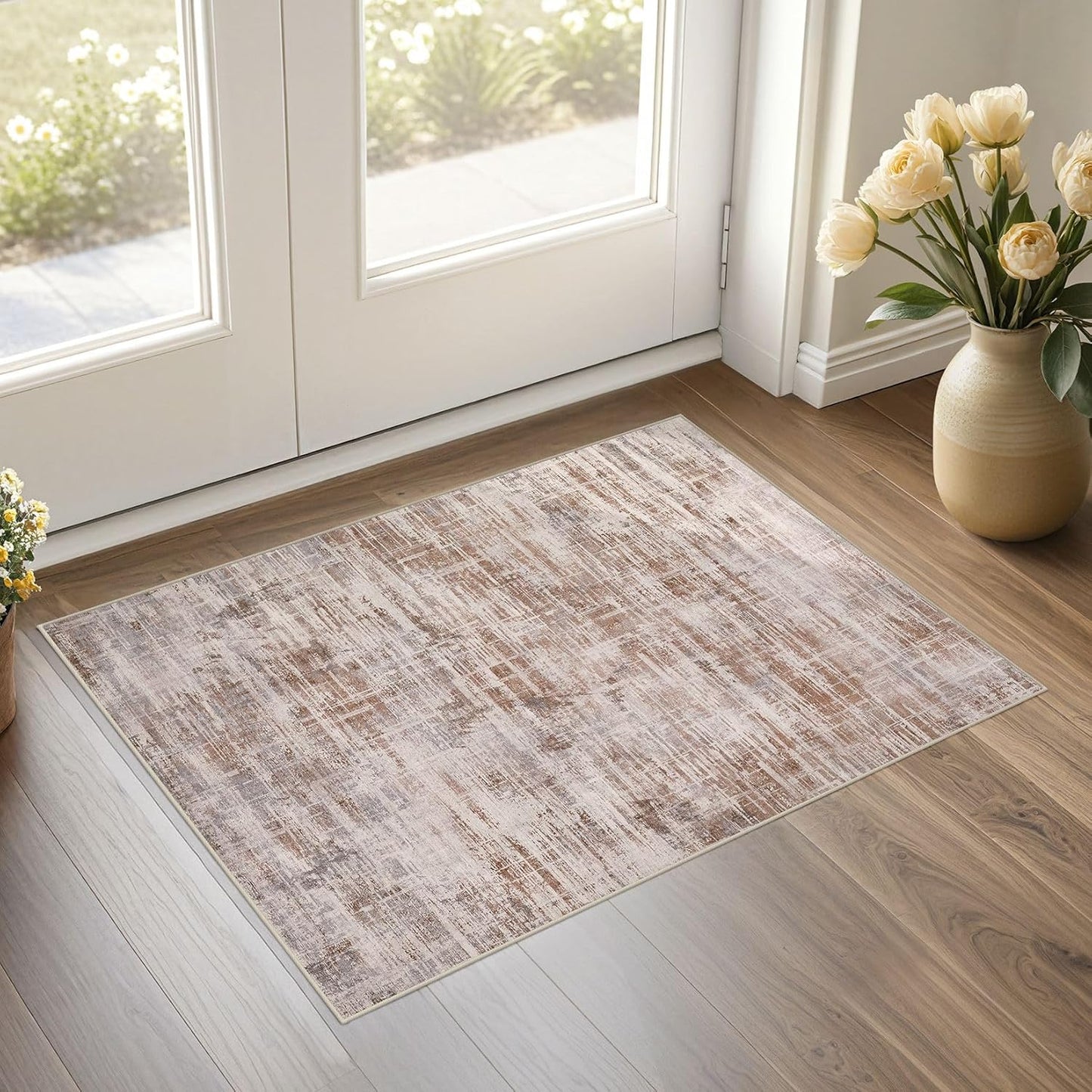 2x3 Entryway Area Rugs: Washable Neutral Abstract Small Rug Door Mat Non-Slip Soft Low Pile Indoor Carpe for Entrance Kitchen Front Door Bathroom Entry Kids Room - Red Brown