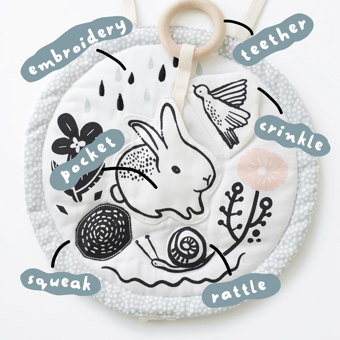 Wee Gallery Meadow Activity Pad Organic Baby Play Mat with Sensory Toys, High Contrast Newborn Essentials Soft Tummy Time Mat for Babies 0-12 Months, Visual and Motor Skill Development Toy