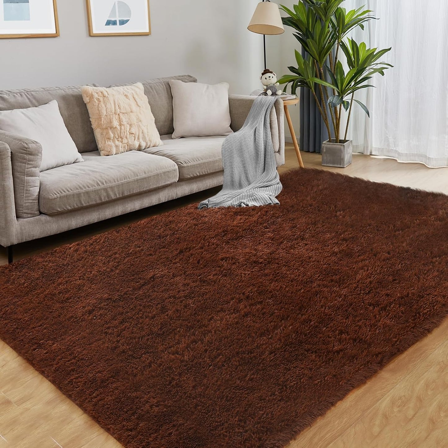 Soft 9x12 Brown Rug, Fluffy Area Rugs for Living Room, Plush Navy Area Rugs for Bedroom, Non-Slip Indoor Carpet for Nursery, Study Room, Kids Room, Room Decor