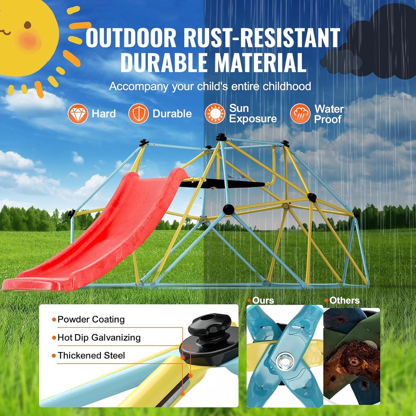 VEVOR Climbing Dome, 8FT Geometric Dome Climber with Slide, Jungle Gym Supports 600LBS and Easy Assembly for Kids 3 to 9 Years Old, with Climbing Grip, Outdoor and Indoor Play Equipment for Kids