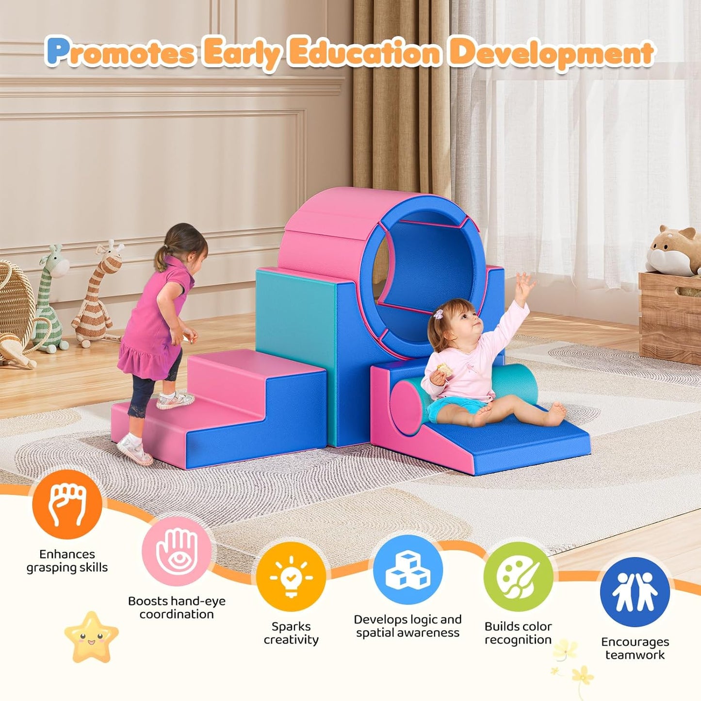 Lischwert Foam Climbing Blocks for Toddlers 1-3, 5pcs Soft Play Set with Tunnel Crawling Exploration Toys, Indoor Infant Safe Blocks for Baby Gym & Toddler Playground - Blue Pink