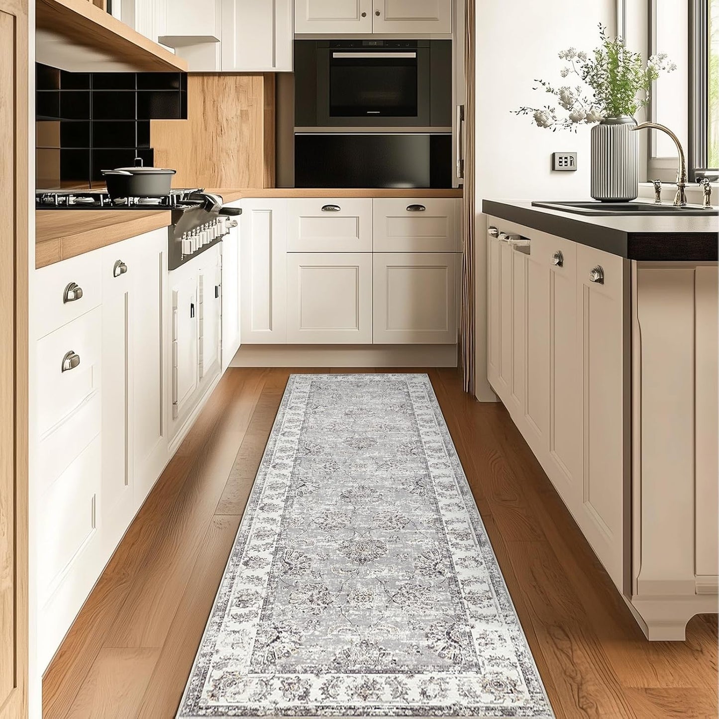 jinchan Runner Rug 2x6 Machine Washable Hallway Rug Grey Vintage Floral Print Non-Slip Low Pile Ultra-Thin for Kitchen,Entryway,Laundry Room,Bedroom,Farmhouse (2‘x6’,Grey)