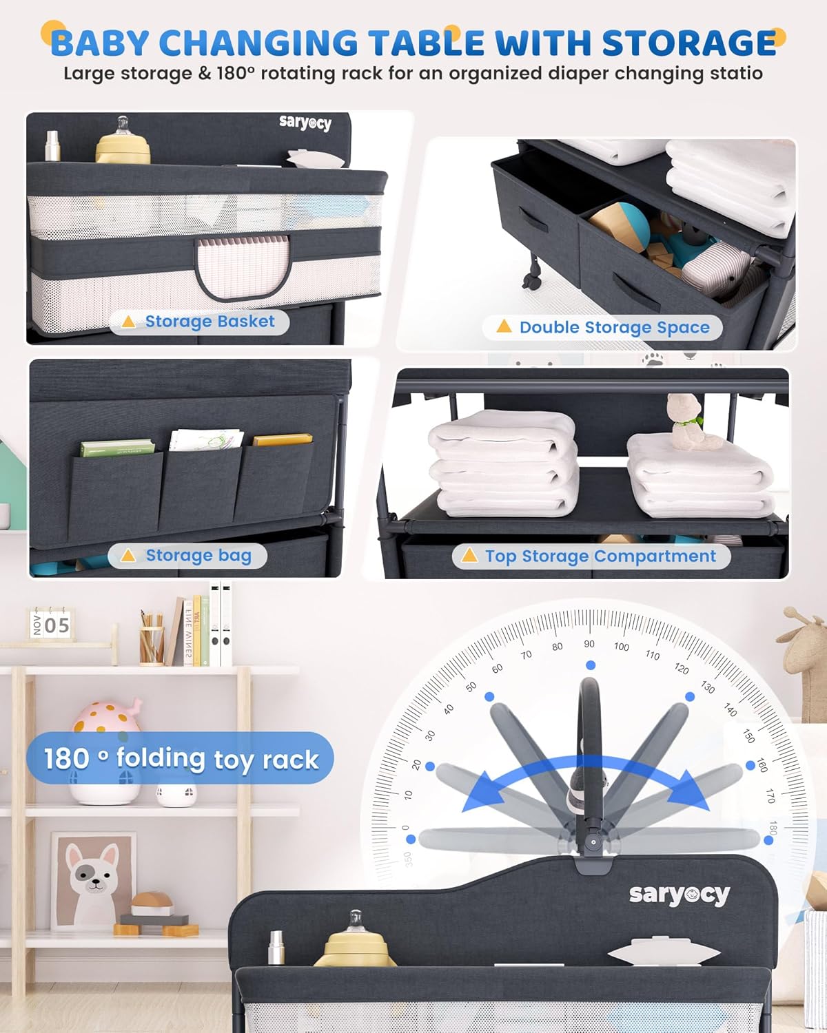 Baby Changing Table with Storage, Versatile Folding Changing Table, Baby Changing Station, Removable Wheels, 4 Adjustable Height, Waterproof, Mobile Nursery for Infant and Newborn