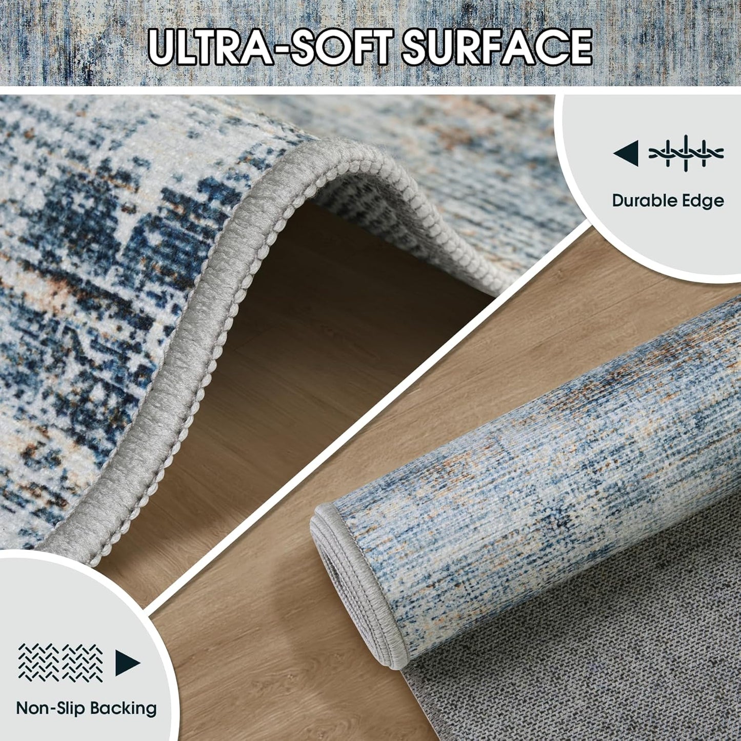 Area Rugs 8x10 Living Room Rugs: Large Modern Abstract Washable Rug with Non-Slip Backing, Thin Carpet for Dining Room Table Bedroom Nursery Indoor Home Office-Blue/Brown