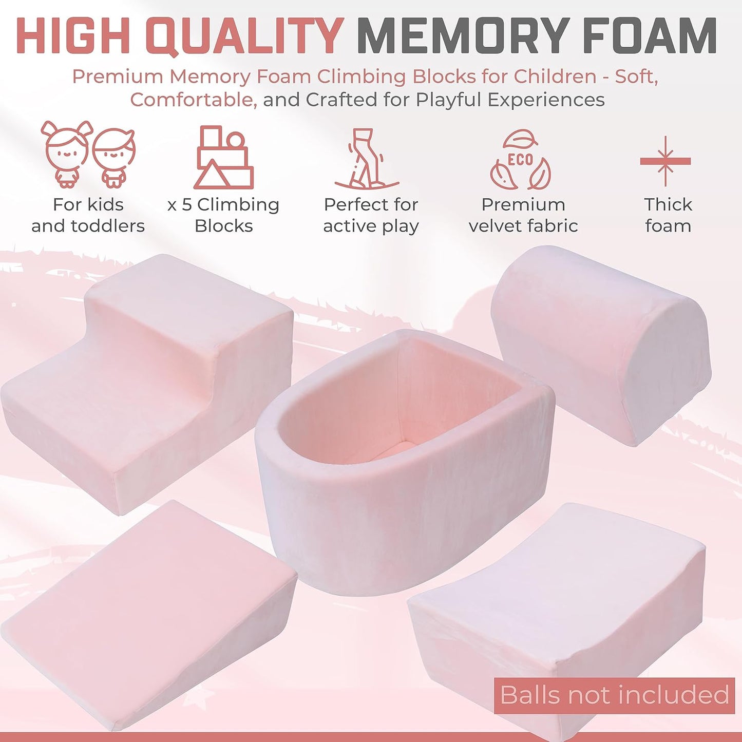 Foam Climbing Blocks for Toddlers 1-3 - Climb and Crawl Activity Playset - Indoor Activity Play Structure for Toddlers - Foam Soft Play Set for Babies - 5 PCS - Balls NOT Included - Pink